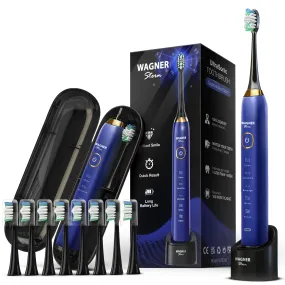 Wagner Stern The Sapphier Blue Edition ultrasonic whitening electric toothbrush features five brushing modes, eight soft brush heads, and a premium travel case.