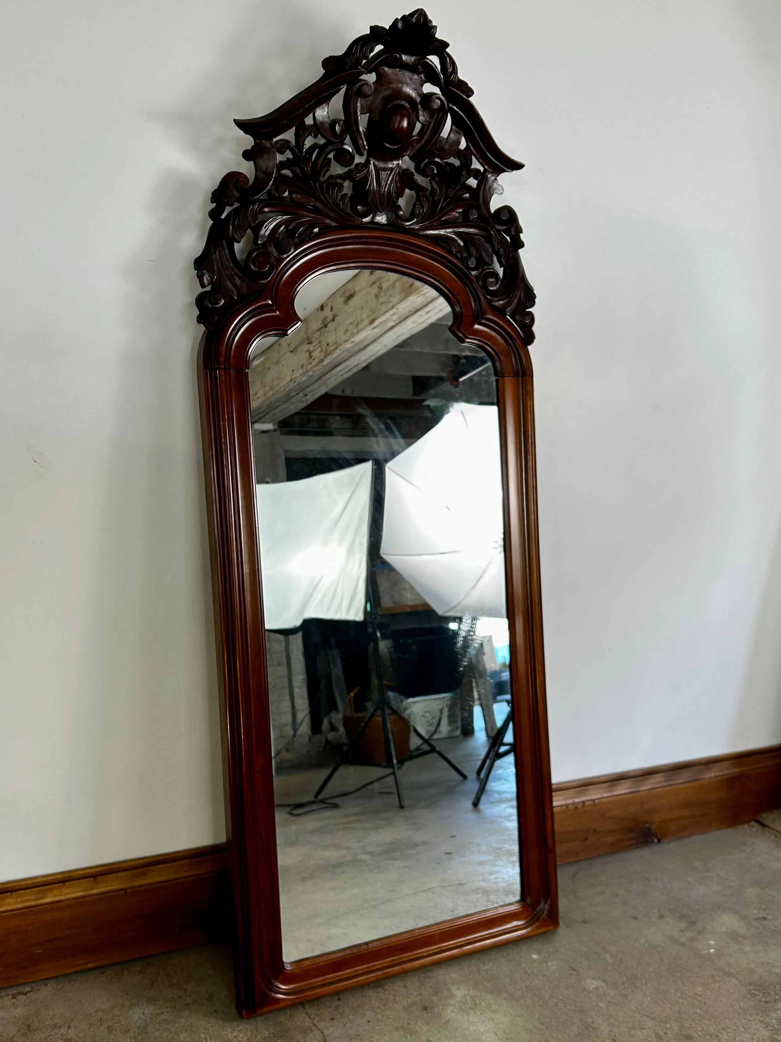 Wall Mirror, Ornate Carved Wood Pediment Top Mirror