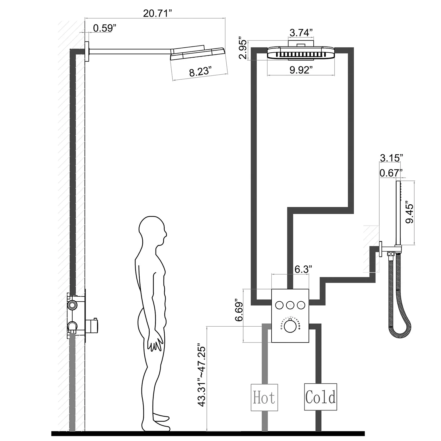 Wall Mount 3-Function Thermostatic Shower System with Rough-In Valve RB1105