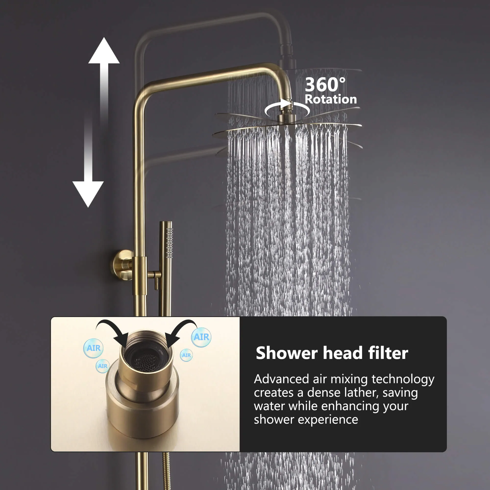 Wall Mount Brushed Gold 3-Function Exposed Bathroom Shower System RB1042