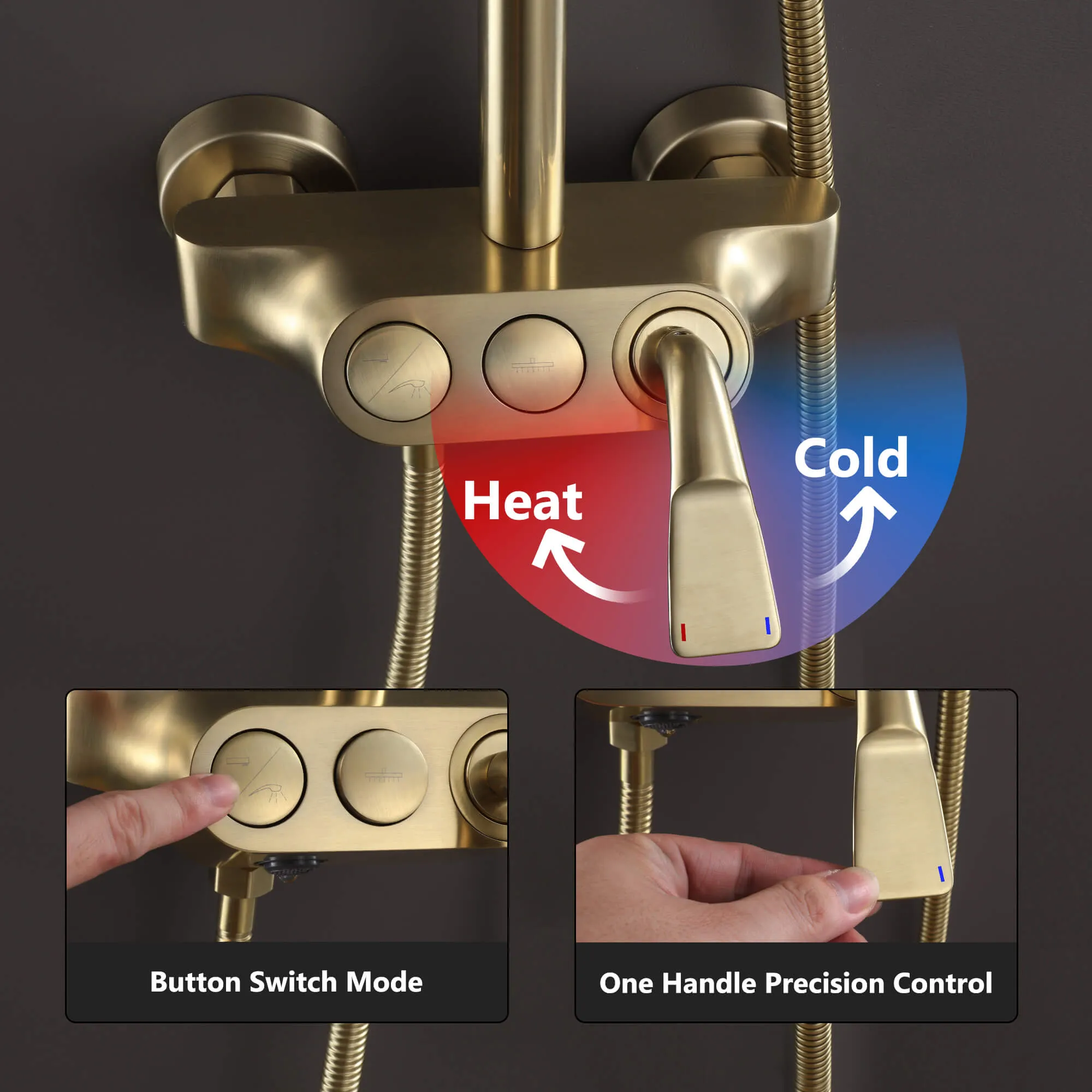 Wall Mount Brushed Gold 3-Function Exposed Bathroom Shower System RB1042