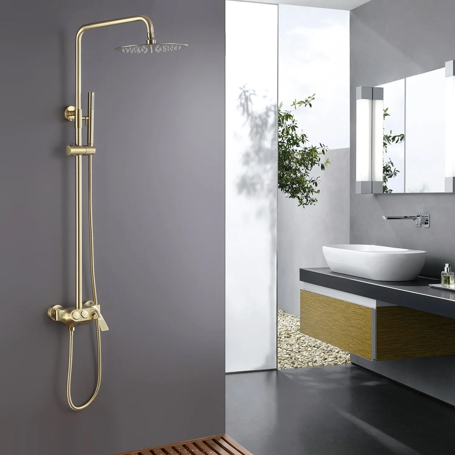 Wall Mount Brushed Gold 3-Function Exposed Bathroom Shower System RB1042