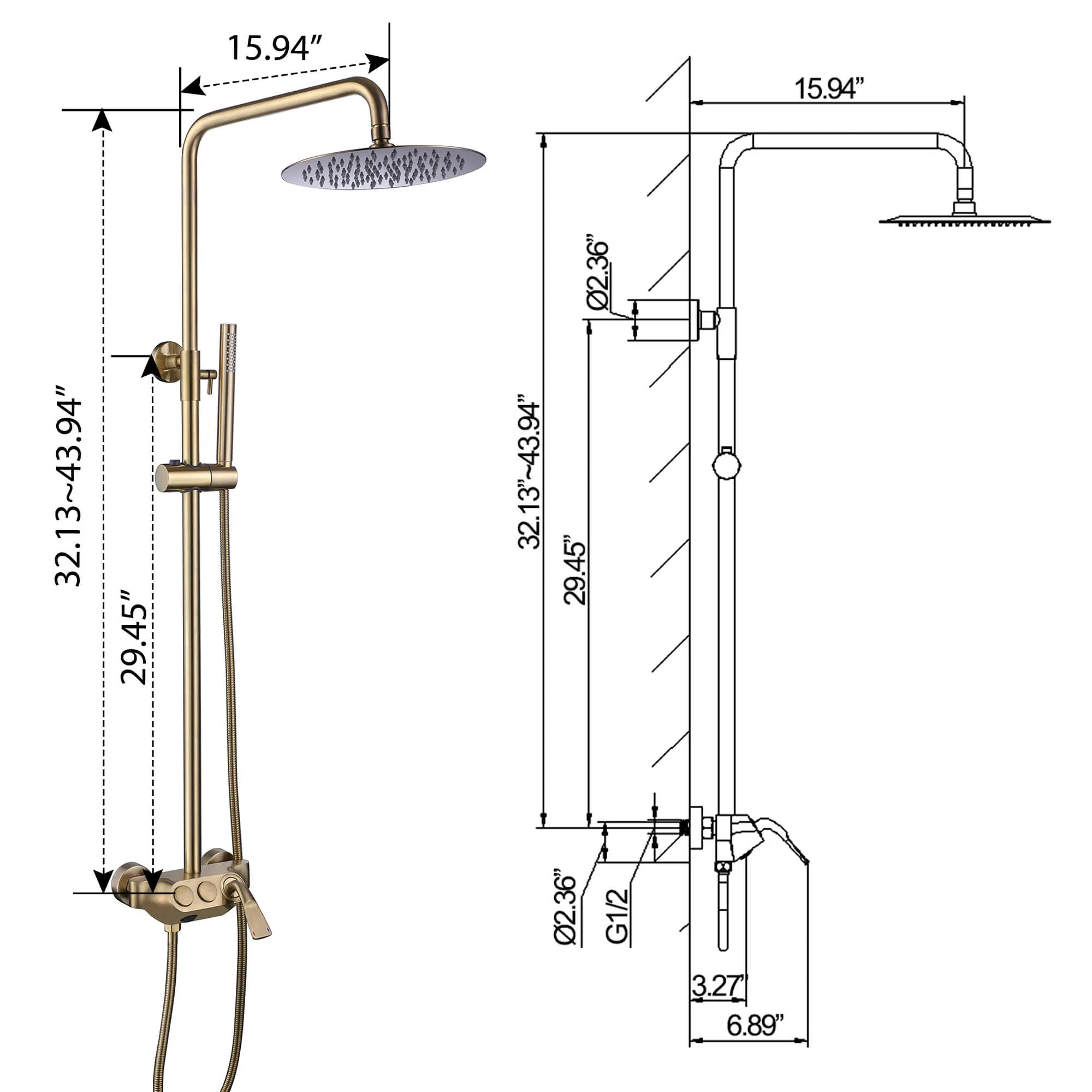 Wall Mount Brushed Gold 3-Function Exposed Bathroom Shower System RB1042