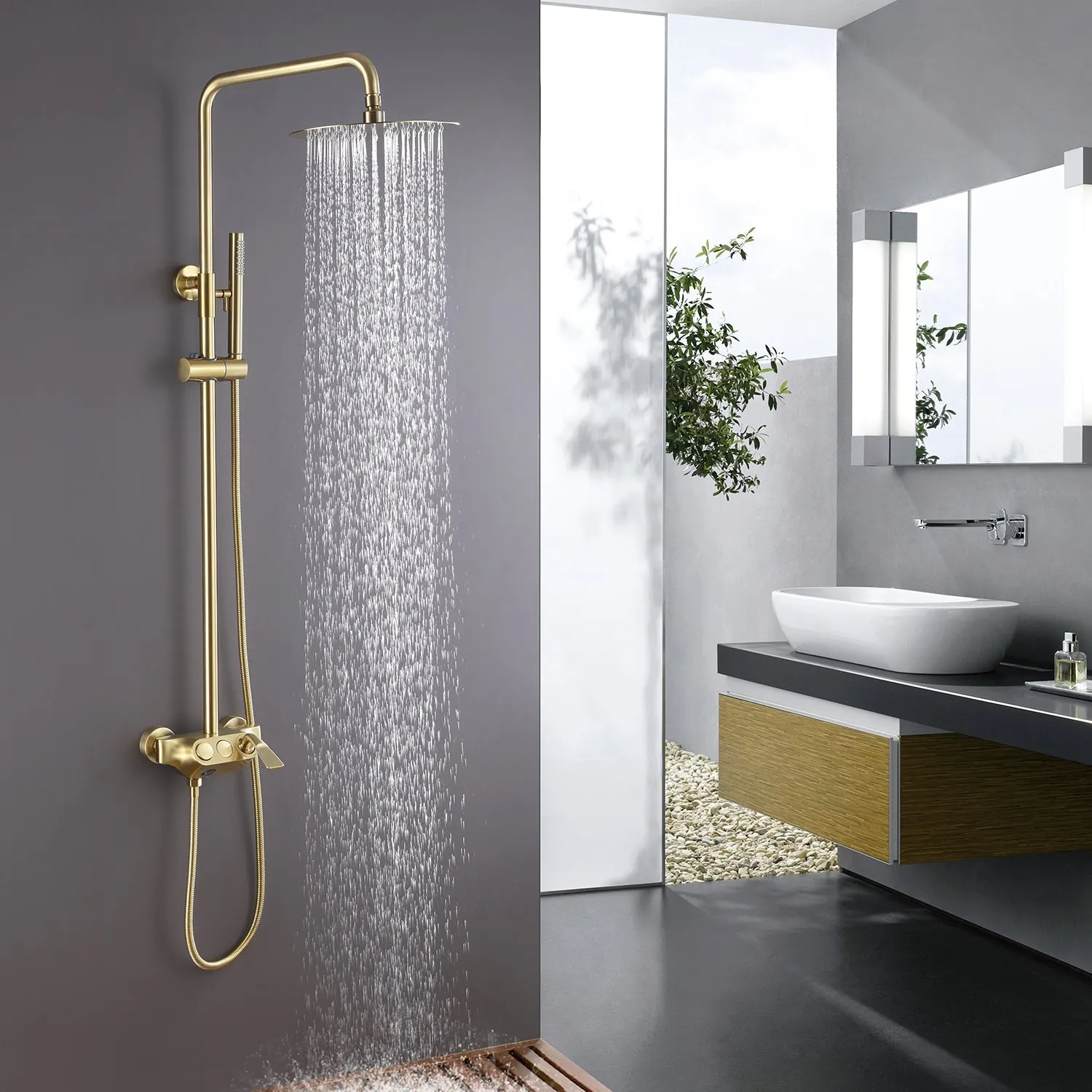 Wall Mount Brushed Gold 3-Function Exposed Bathroom Shower System RB1042