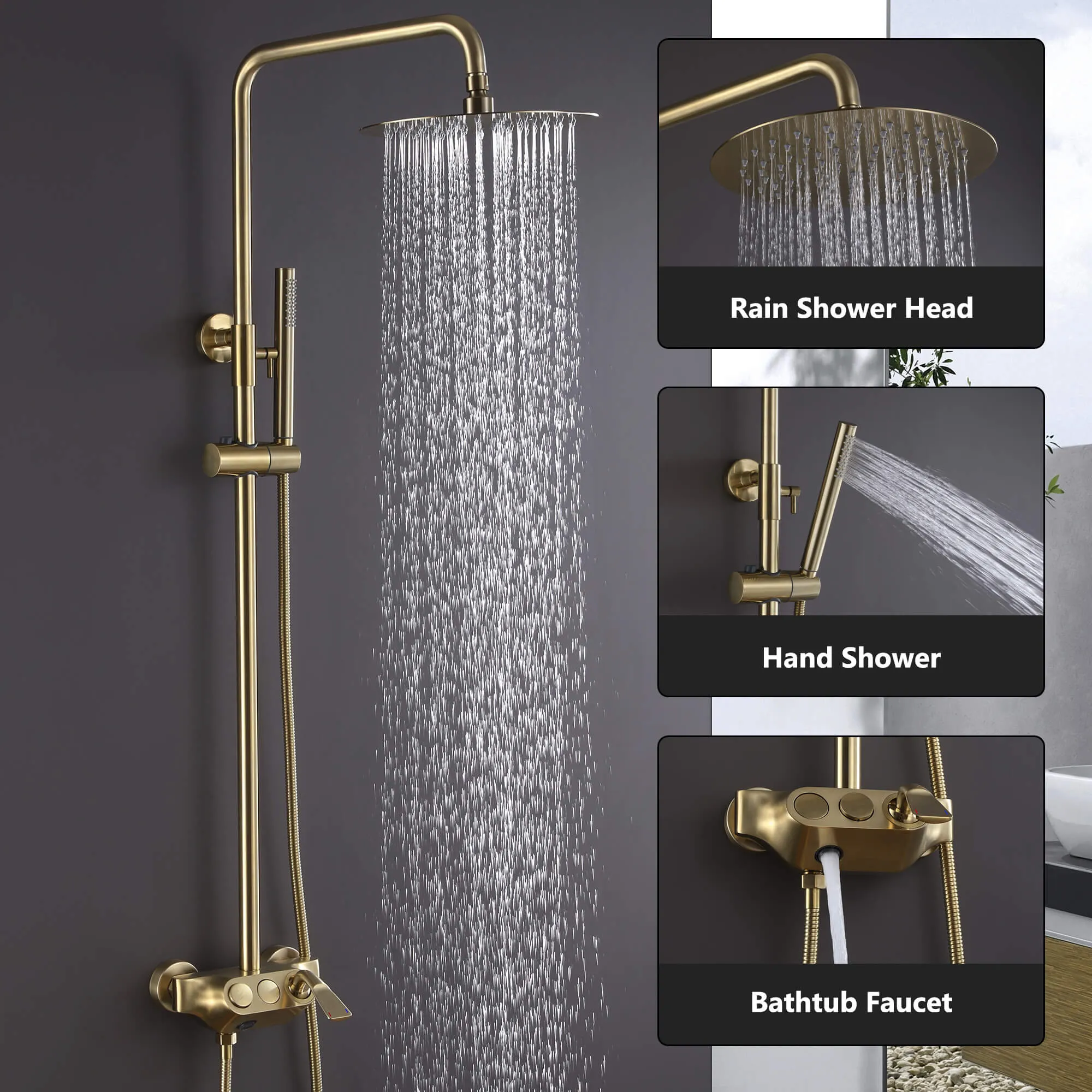 Wall Mount Brushed Gold 3-Function Exposed Bathroom Shower System RB1042