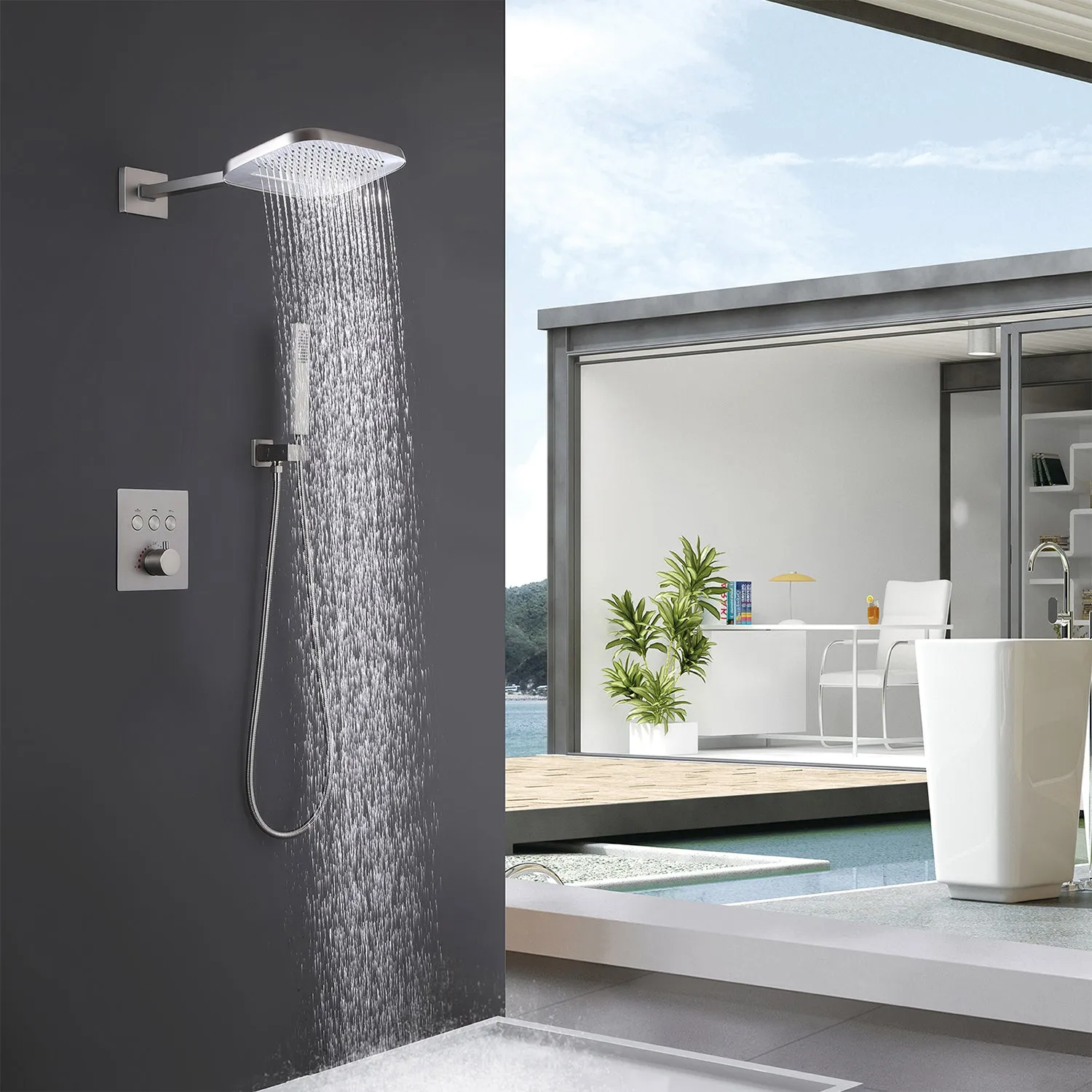 Wall Mount Concealed Thermostatic Waterfall & Rainfall Shower System RB1103