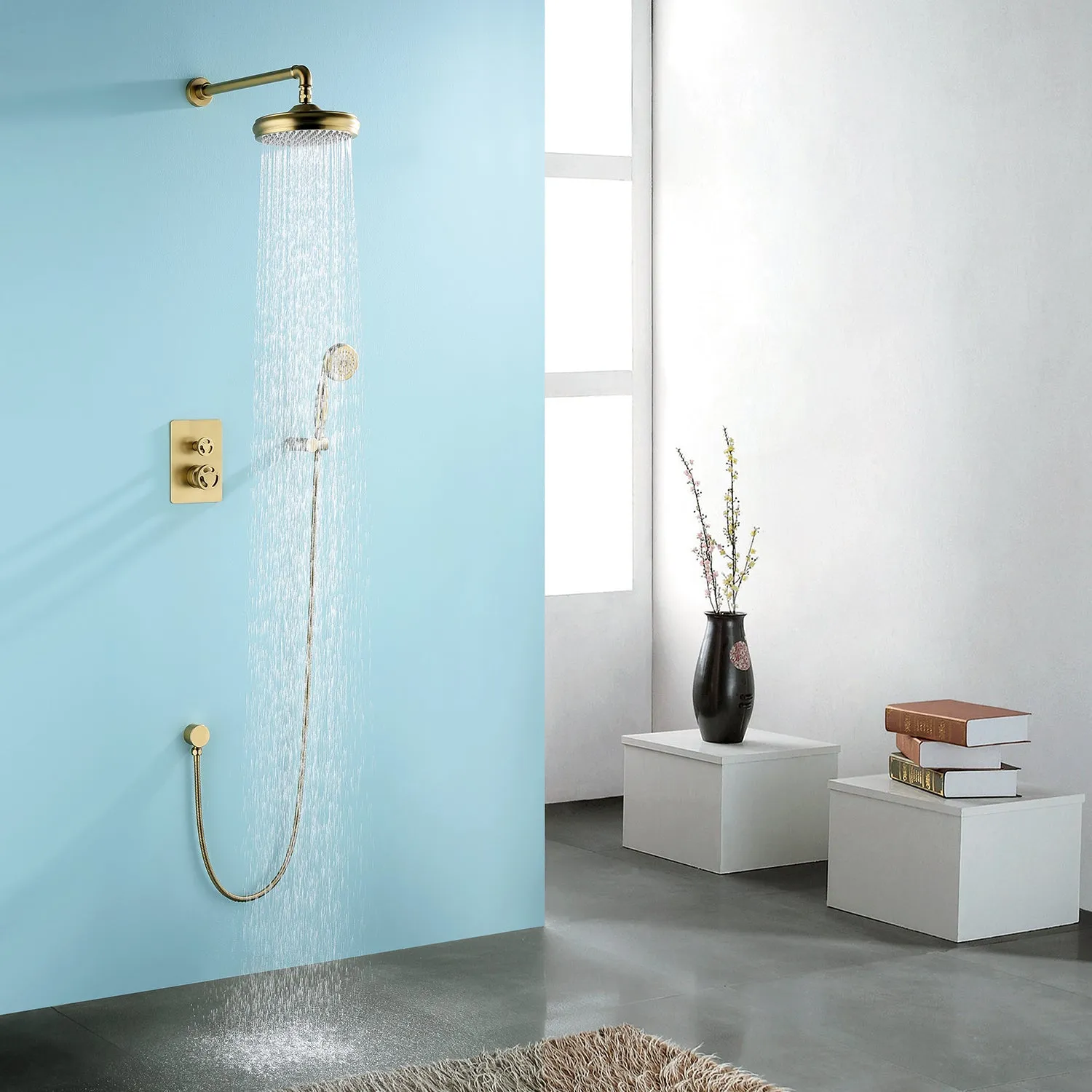 Wall Mount Industrial Style Shower System 2-Function Brushed Gold RB1148