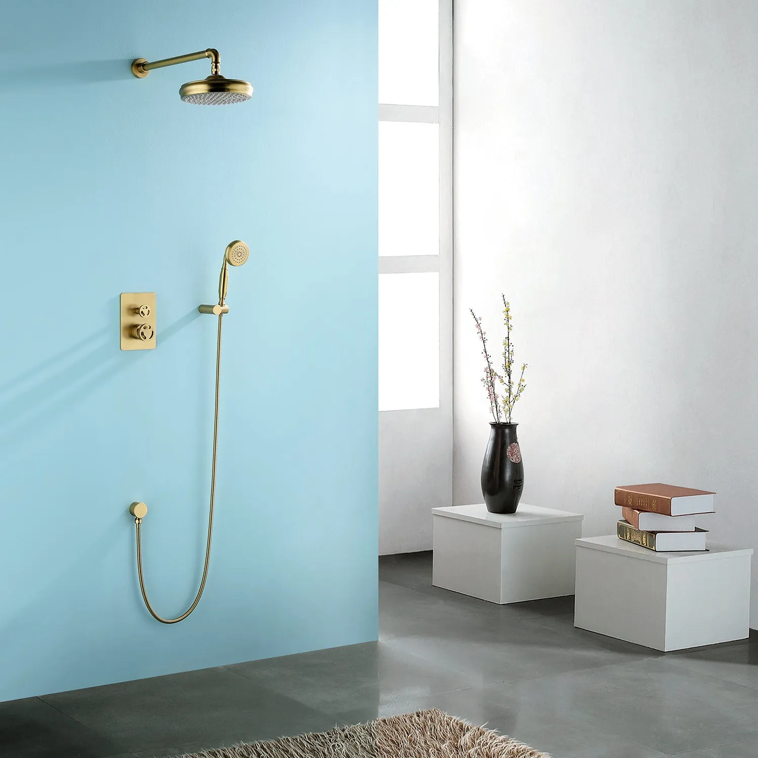 Wall Mount Industrial Style Shower System 2-Function Brushed Gold RB1148
