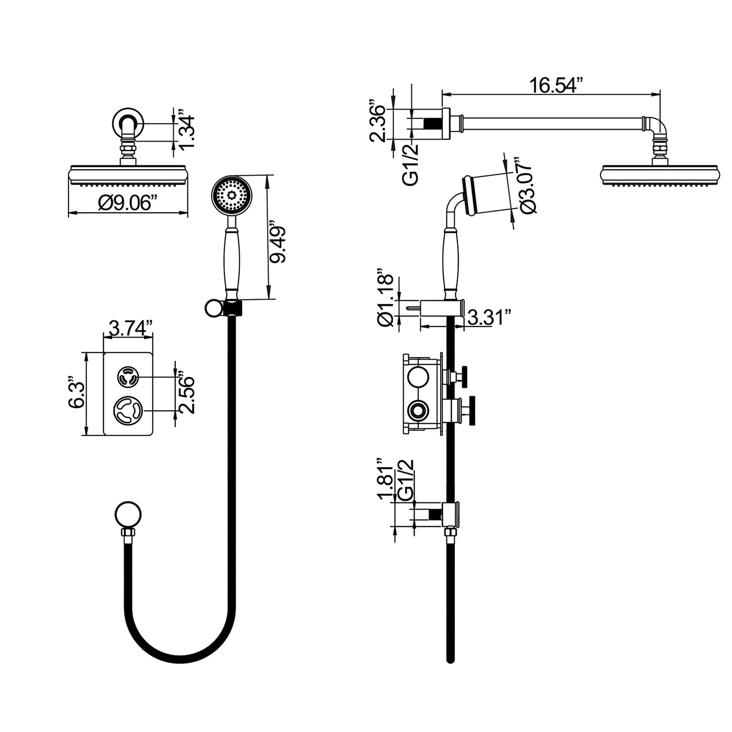 Wall Mount Industrial Style Shower System 2-Function Brushed Gold RB1148