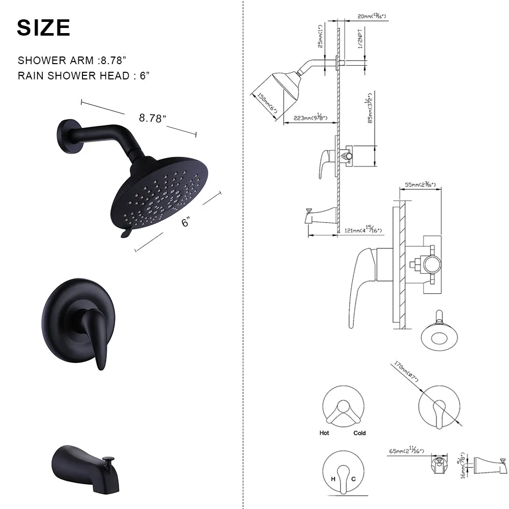 Wall Mount Pressure-Balanced Rainfall Shower Fixtures with Tub Spout RB0905
