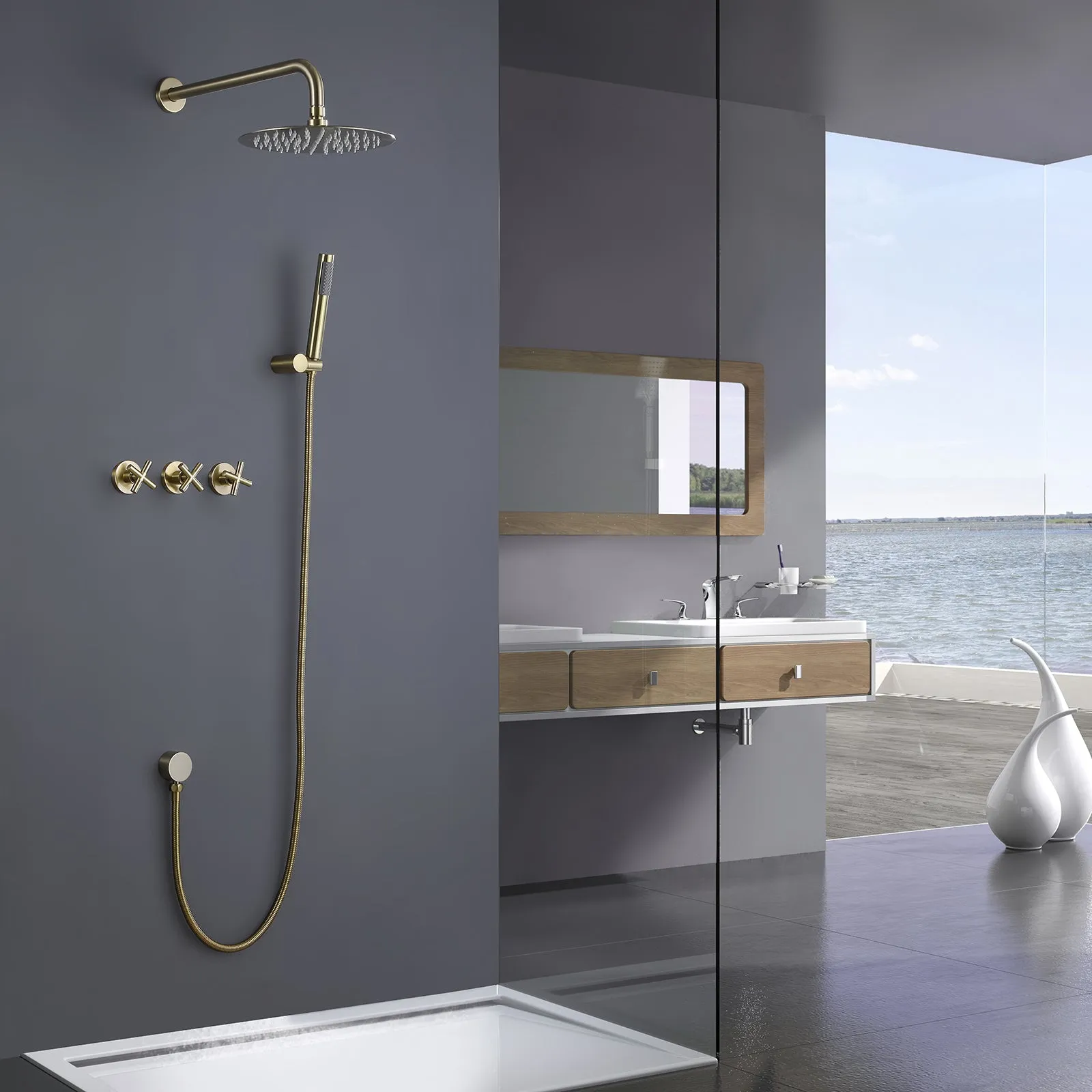 Wall Mount Shower Faucet with Separate Hot and Cold Handles Brushed Gold RB0875