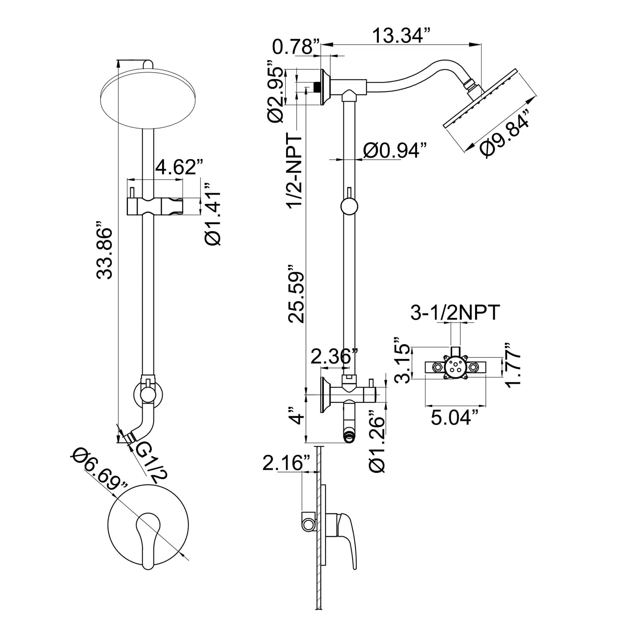 Wall Mount Shower System with 3 Spray Patterns Hand Shower and 10" Showerhead JK0194