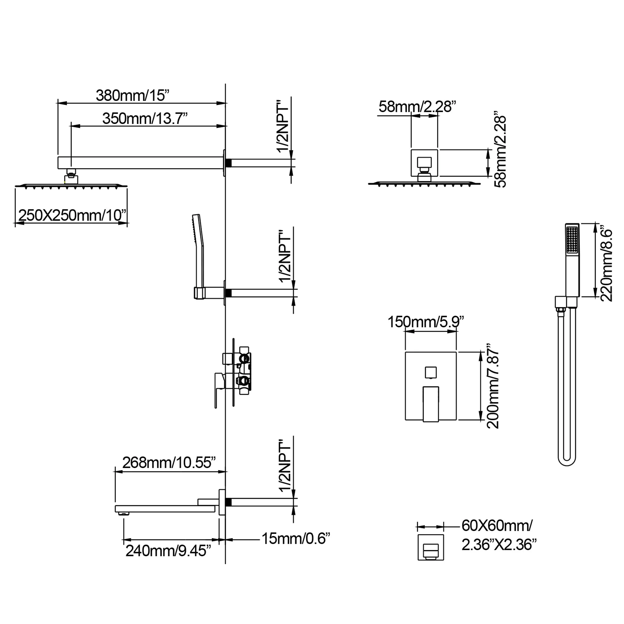 Wall Mount Shower System with Tub Spout and Hand Shower RB1018