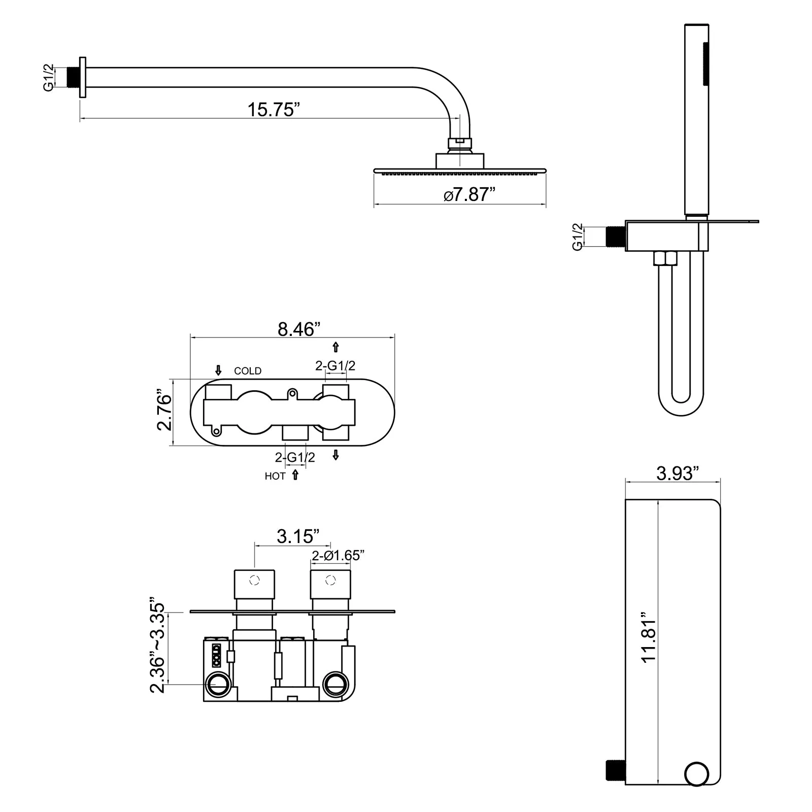 Wall Mount Thermostatic Rain Shower System Matte Black RB0843
