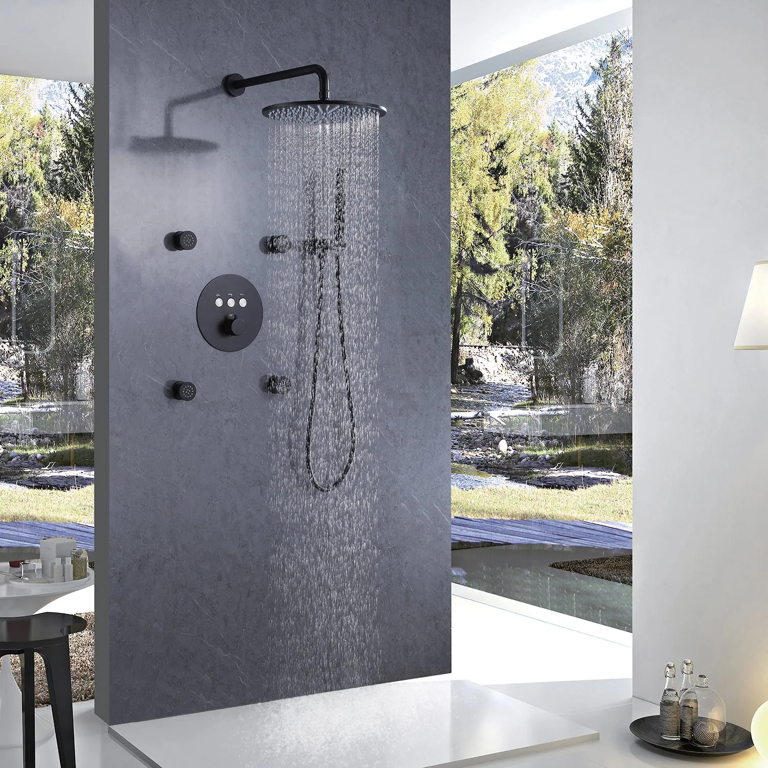 Wall Mount Thermostatic Shower Faucet Set with 12’’ Shower Head and 4 Body Spray Jets RB1114