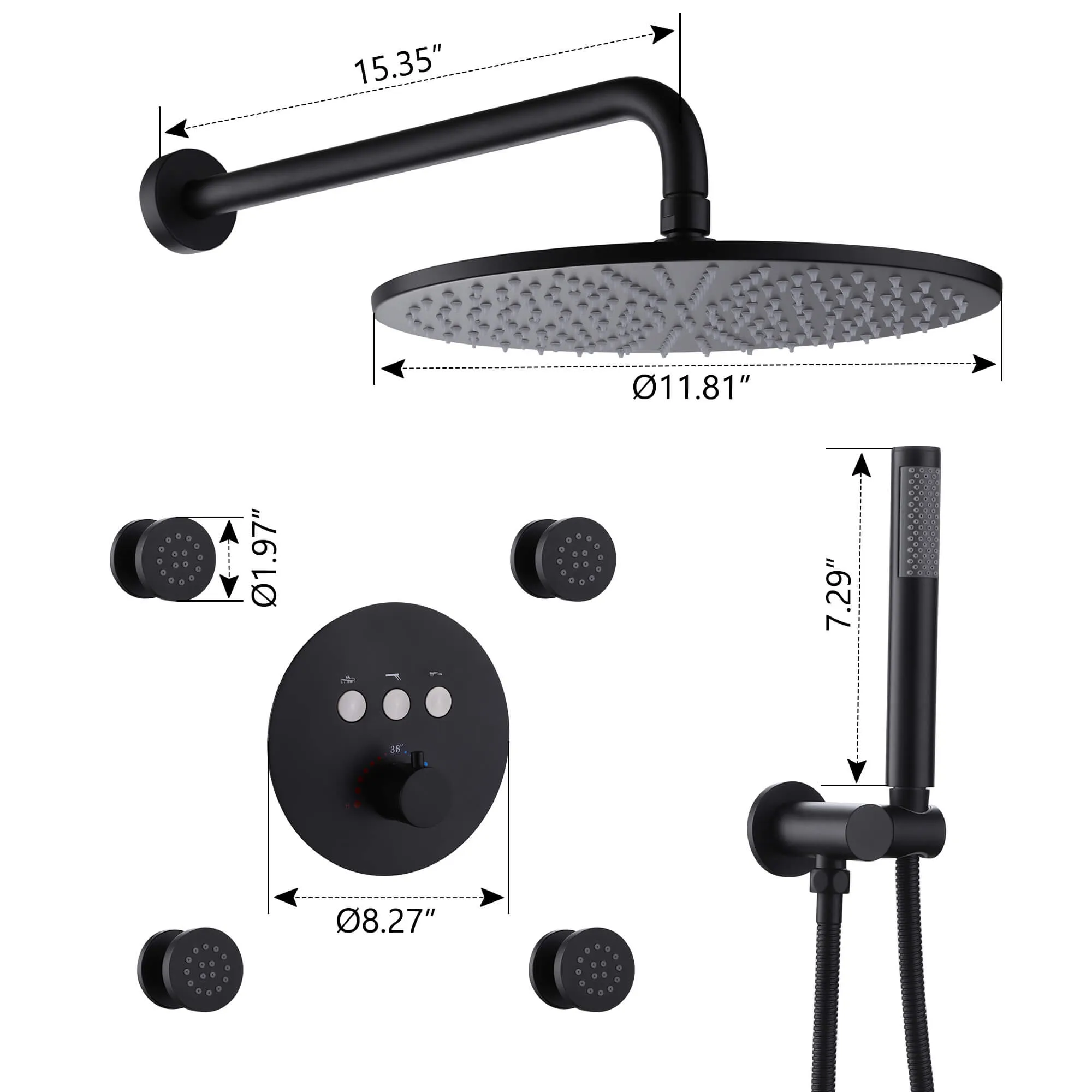 Wall Mount Thermostatic Shower Faucet Set with 12’’ Shower Head and 4 Body Spray Jets RB1114