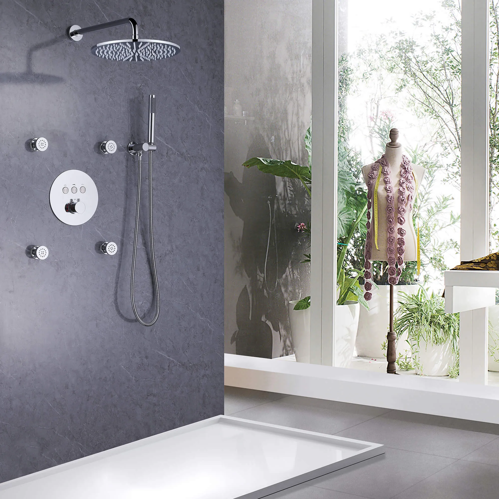 Wall Mount Thermostatic Shower Faucet Set with 12’’ Shower Head and 4 Body Spray Jets RB1114