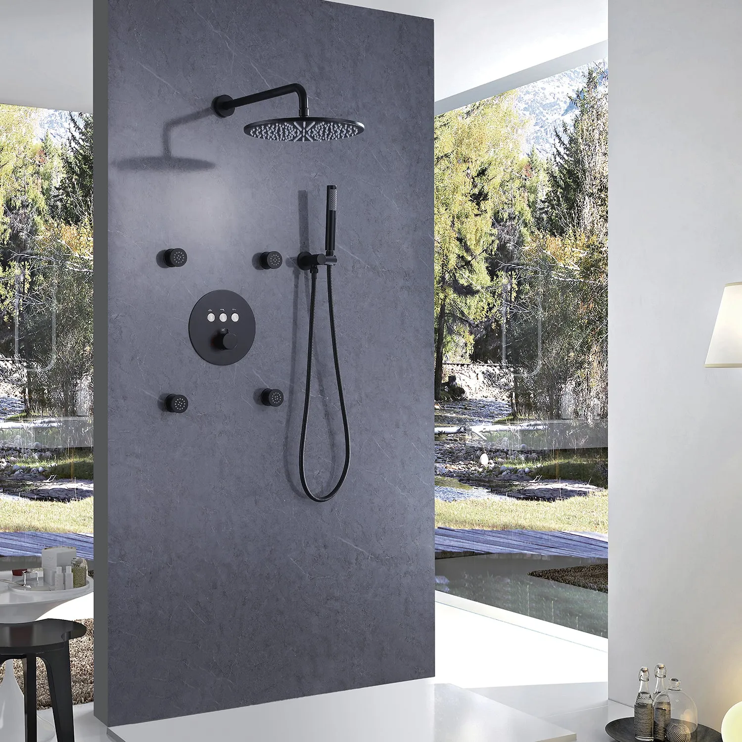 Wall Mount Thermostatic Shower Faucet Set with 12’’ Shower Head and 4 Body Spray Jets RB1114