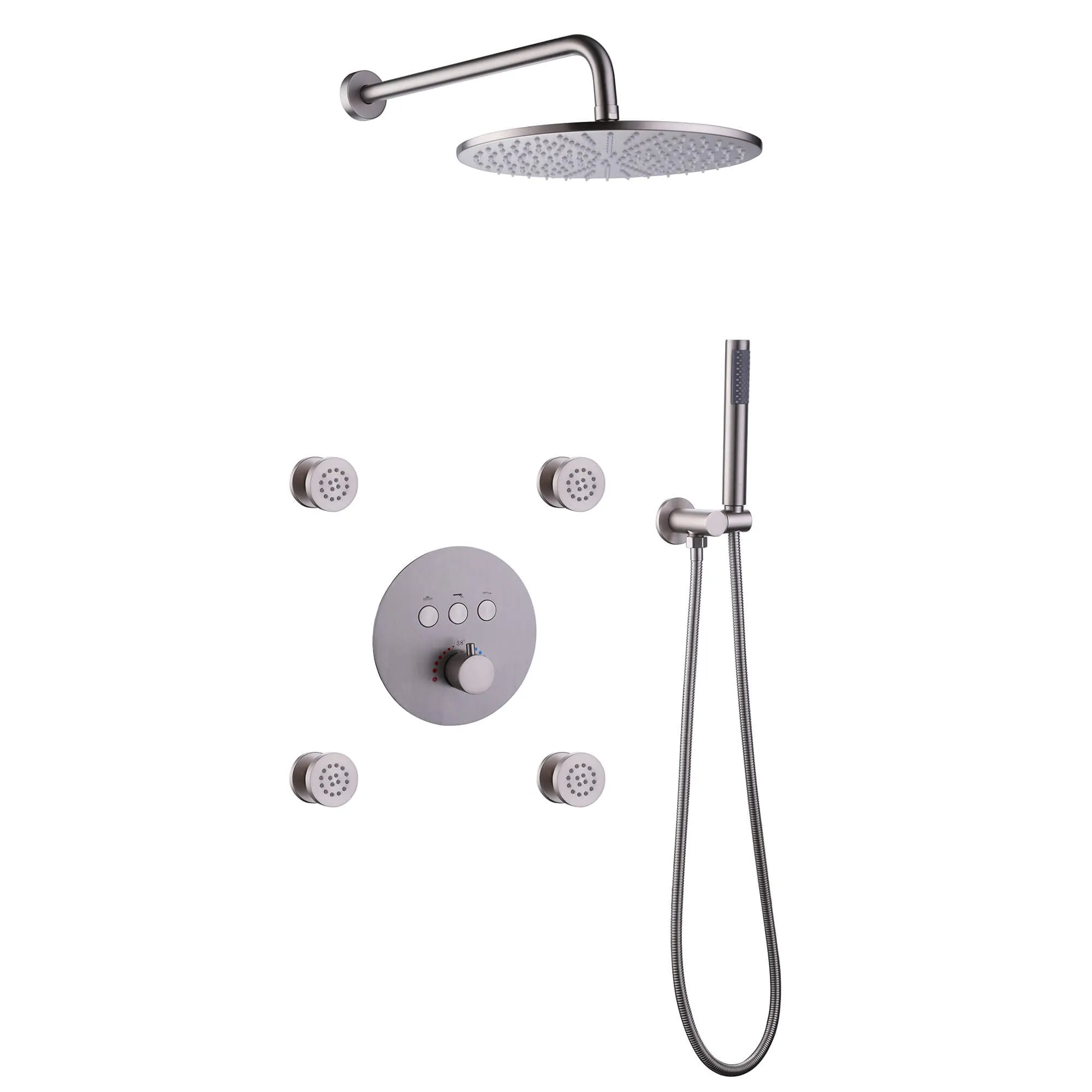 Wall Mount Thermostatic Shower Faucet Set with 12’’ Shower Head and 4 Body Spray Jets RB1114