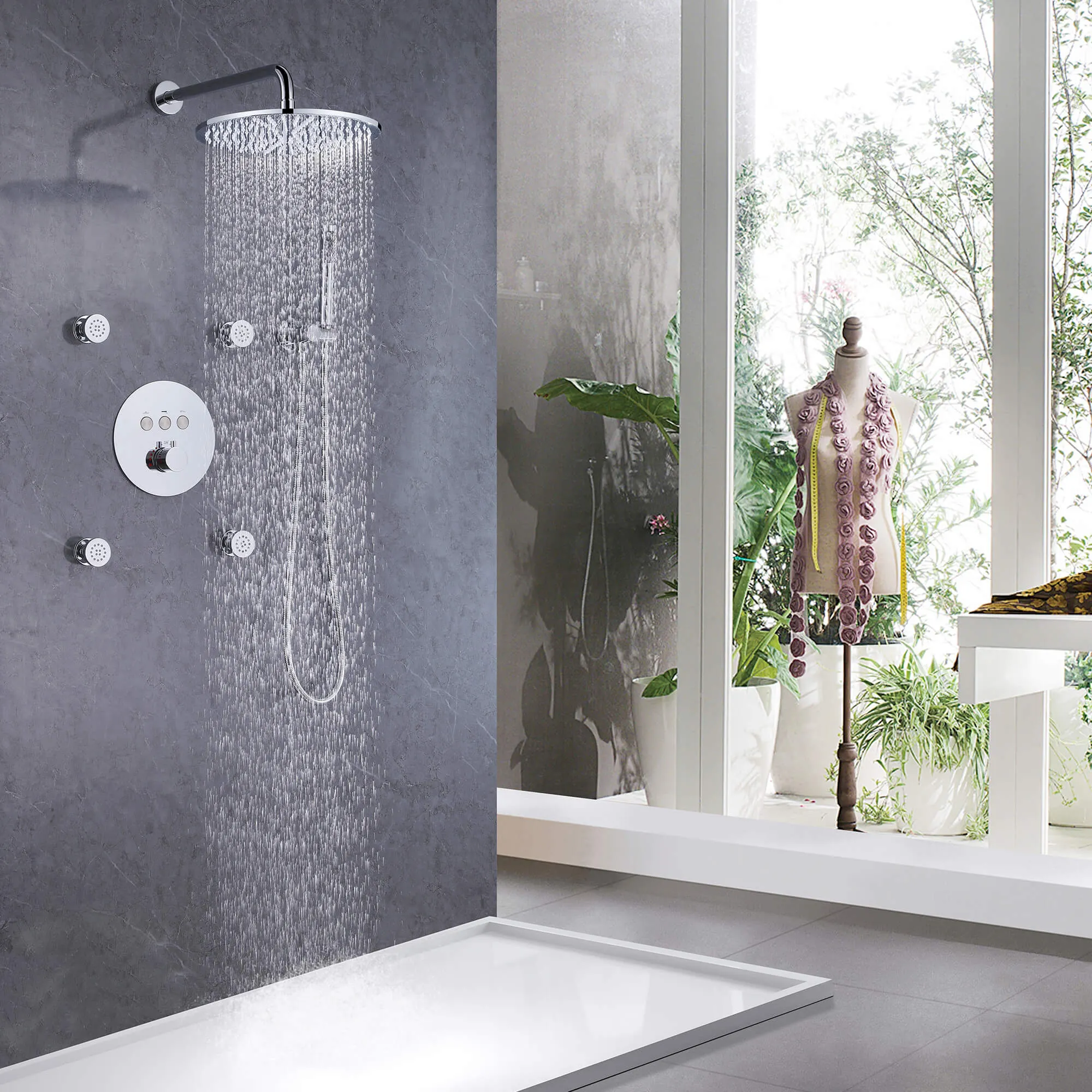 Wall Mount Thermostatic Shower Faucet Set with 12’’ Shower Head and 4 Body Spray Jets RB1114