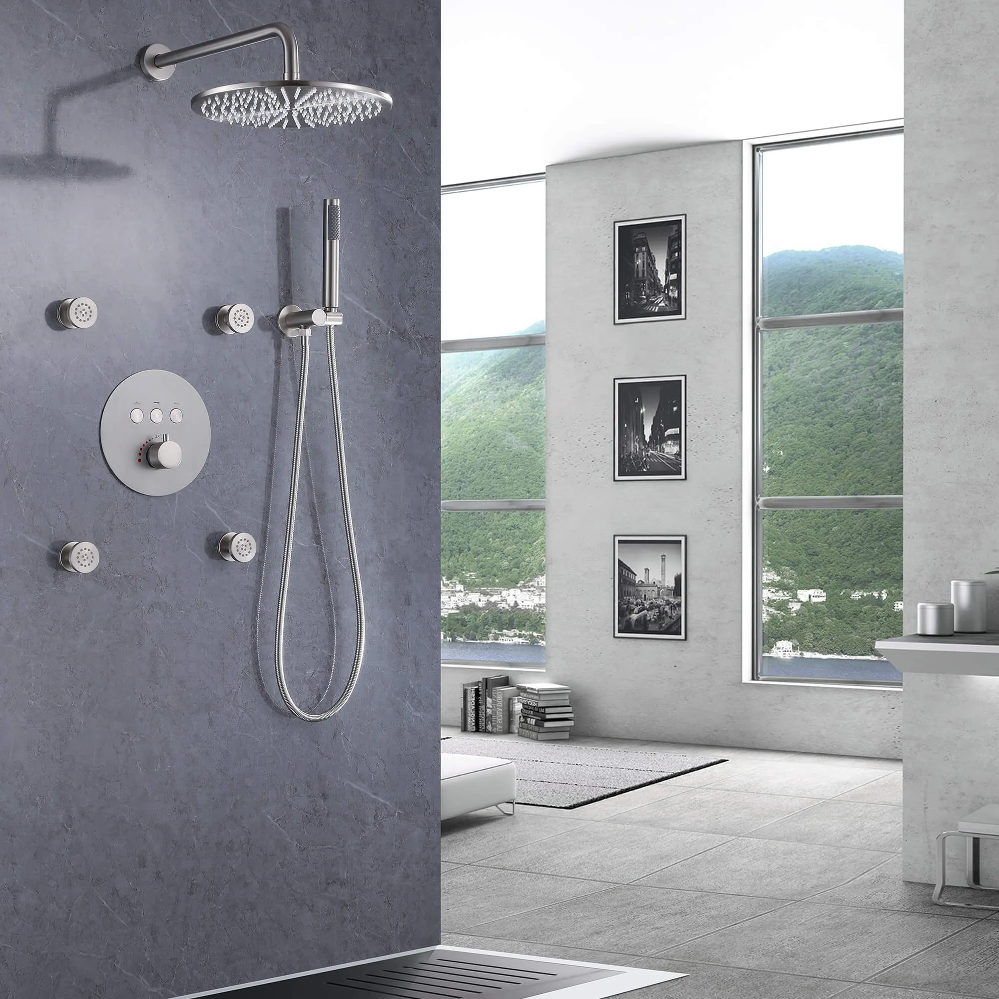 Wall Mount Thermostatic Shower Faucet Set with 12’’ Shower Head and 4 Body Spray Jets RB1114