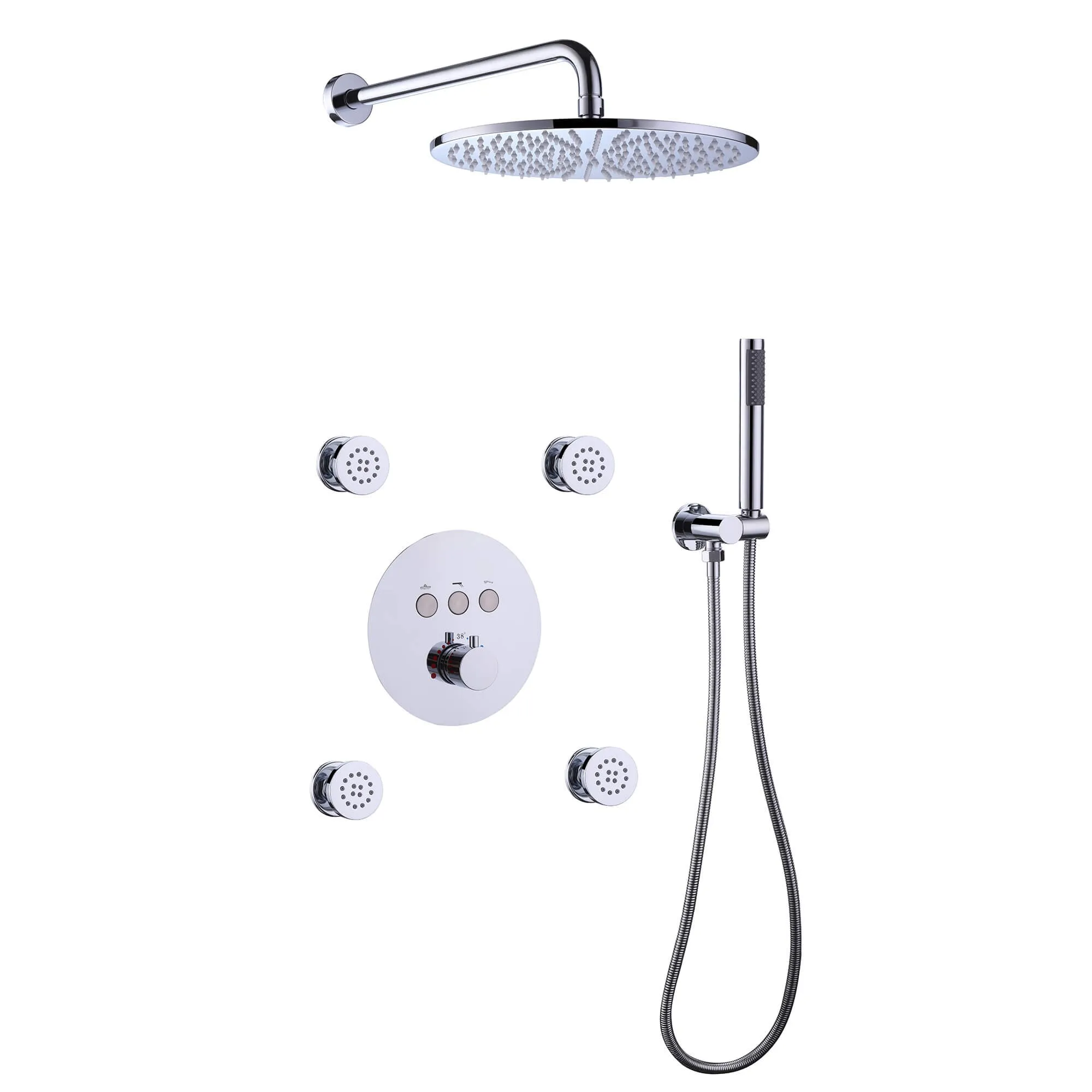 Wall Mount Thermostatic Shower Faucet Set with 12’’ Shower Head and 4 Body Spray Jets RB1114