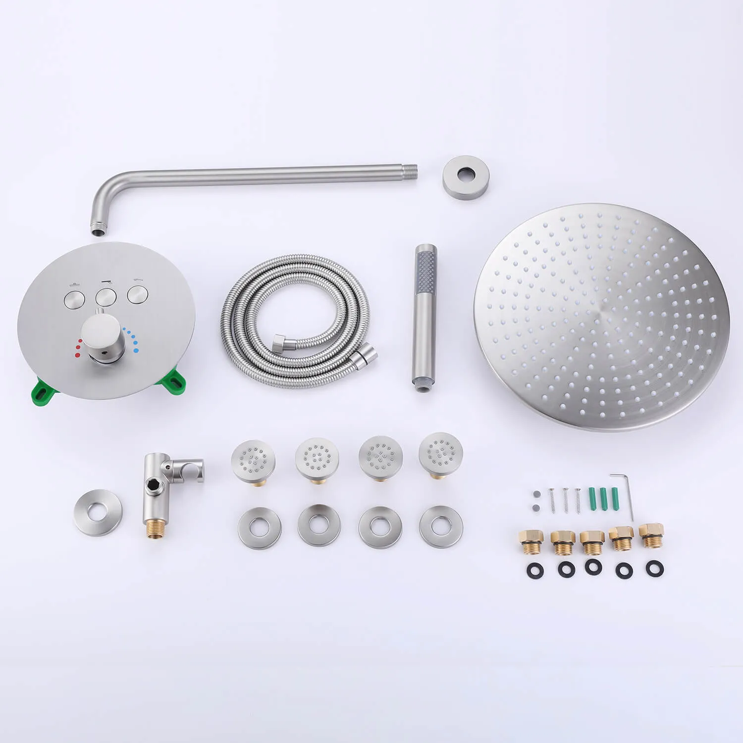 Wall Mount Thermostatic Shower Faucet Set with 12’’ Shower Head and 4 Body Spray Jets RB1114
