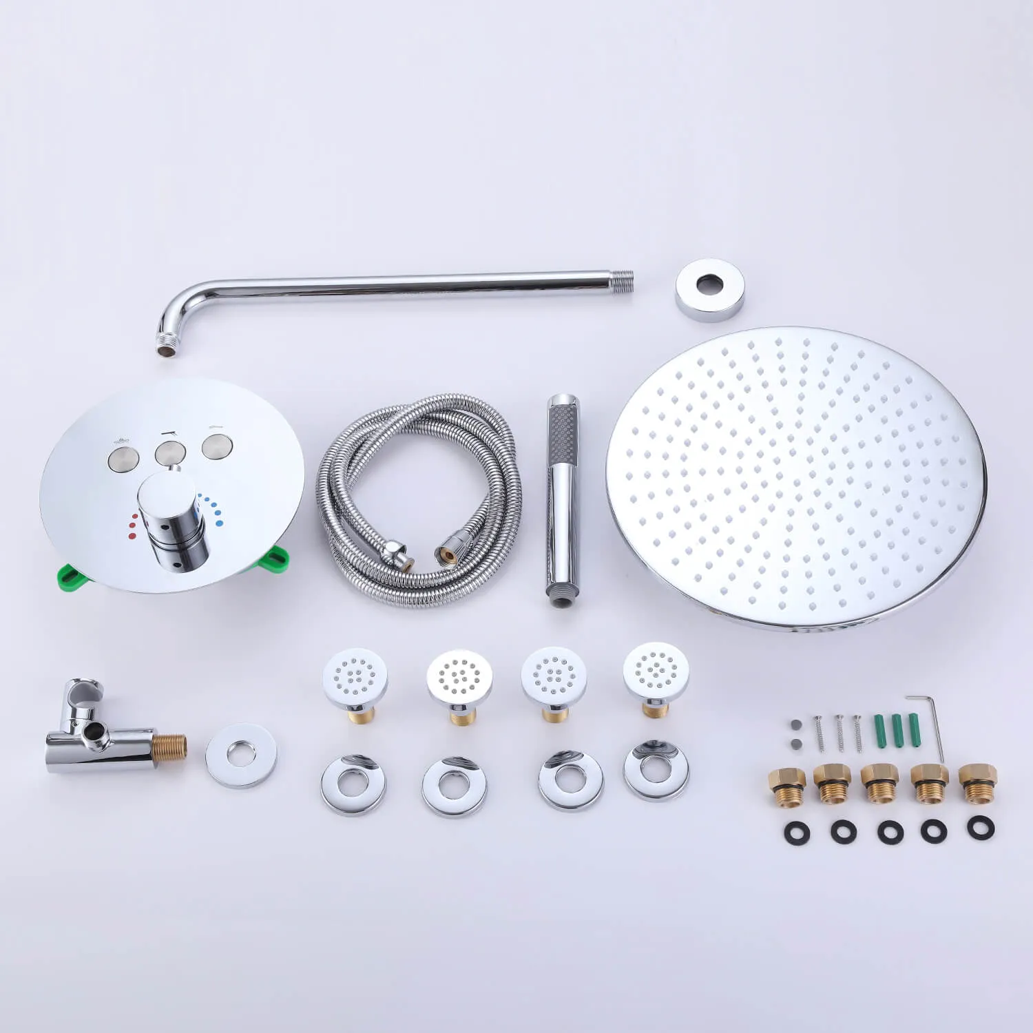 Wall Mount Thermostatic Shower Faucet Set with 12’’ Shower Head and 4 Body Spray Jets RB1114
