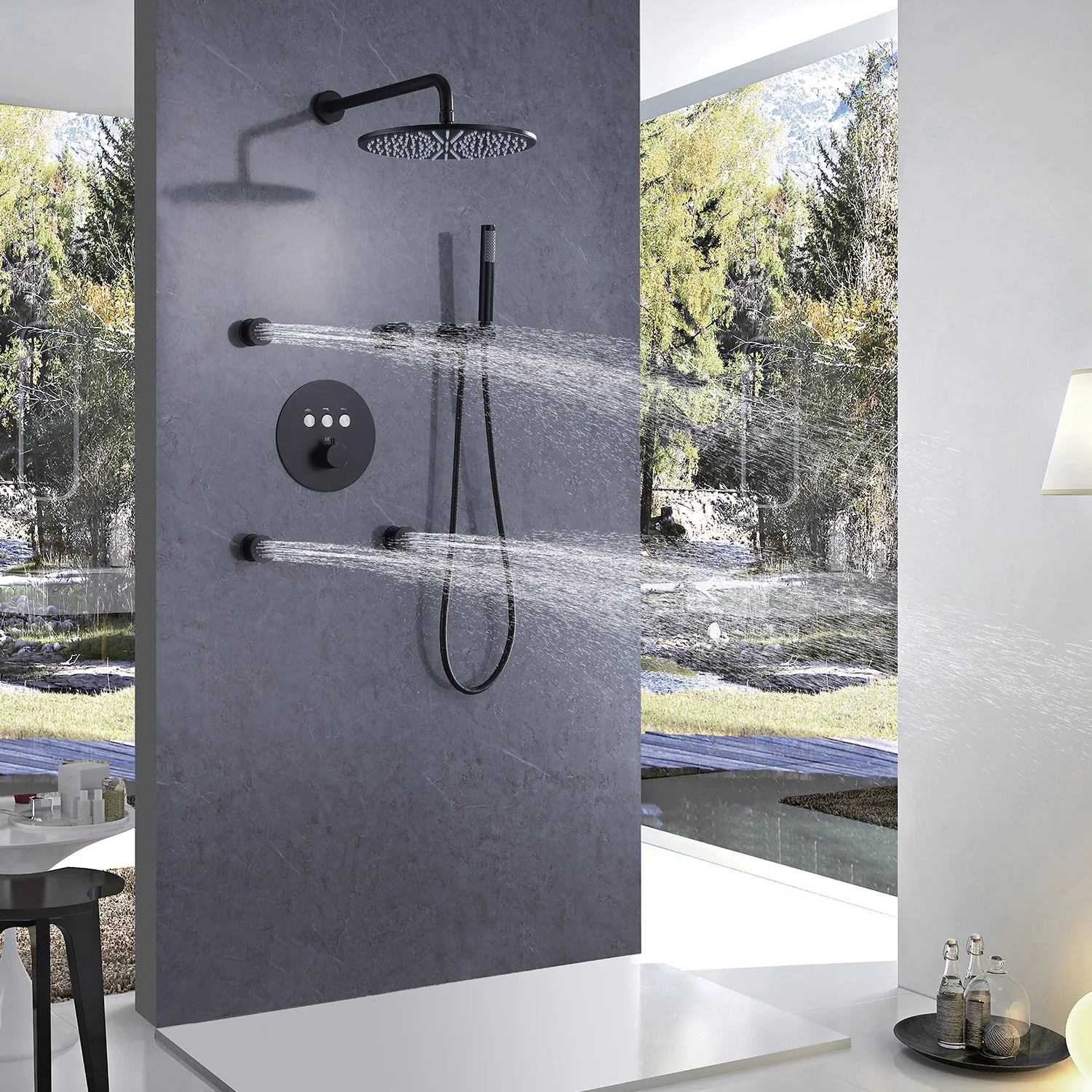 Wall Mount Thermostatic Shower Faucet Set with 12’’ Shower Head and 4 Body Spray Jets RB1114