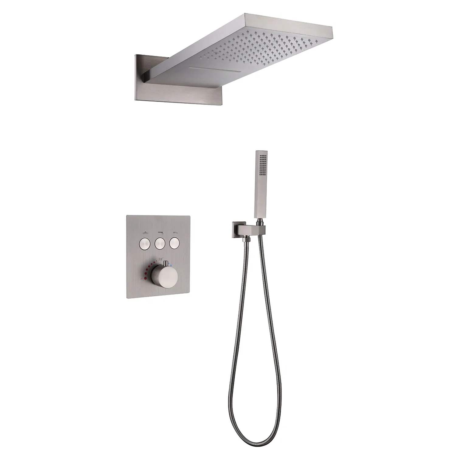 Wall Mount Thermostatic Shower System with 2-Function Shower Head Solid Brass
