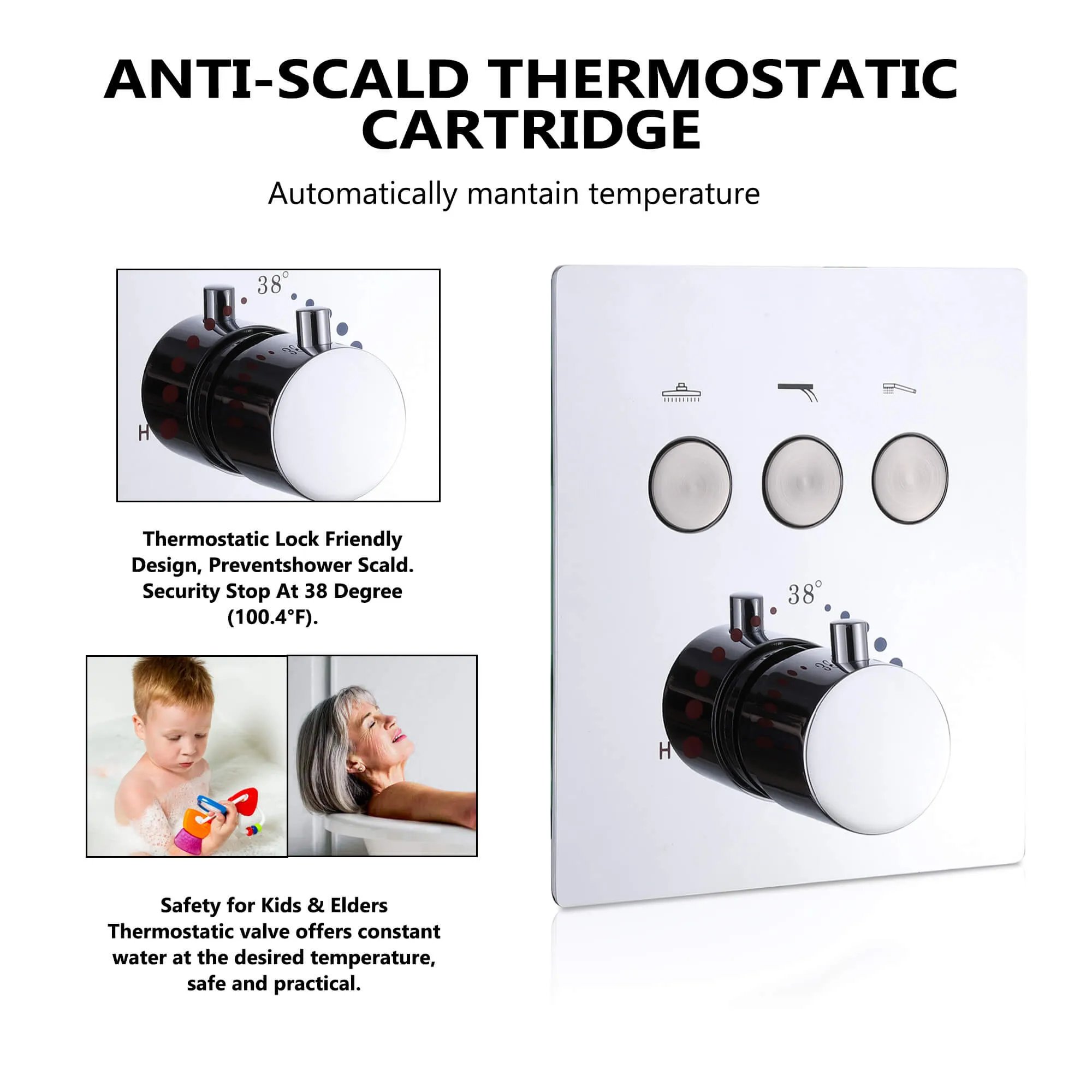 Wall Mount Thermostatic Shower System with 2-Function Shower Head Solid Brass