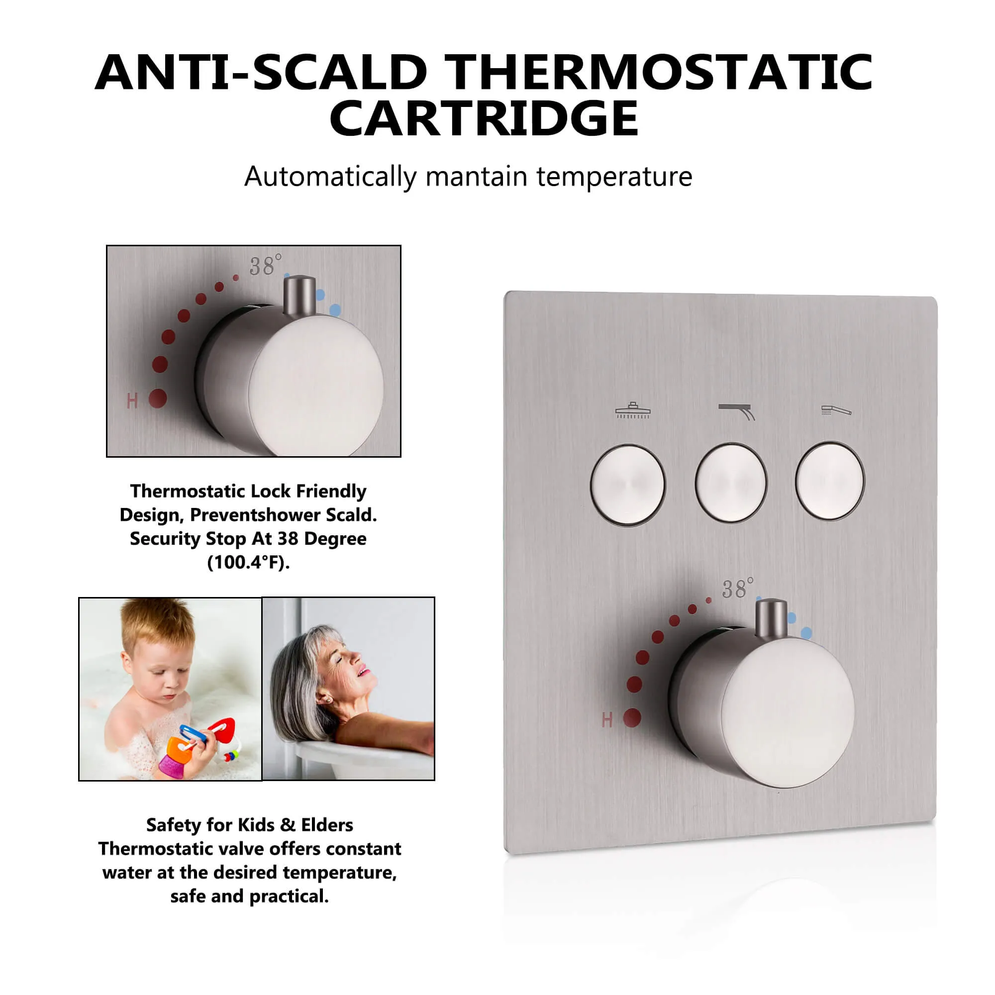 Wall Mount Thermostatic Shower System with 2-Function Shower Head Solid Brass