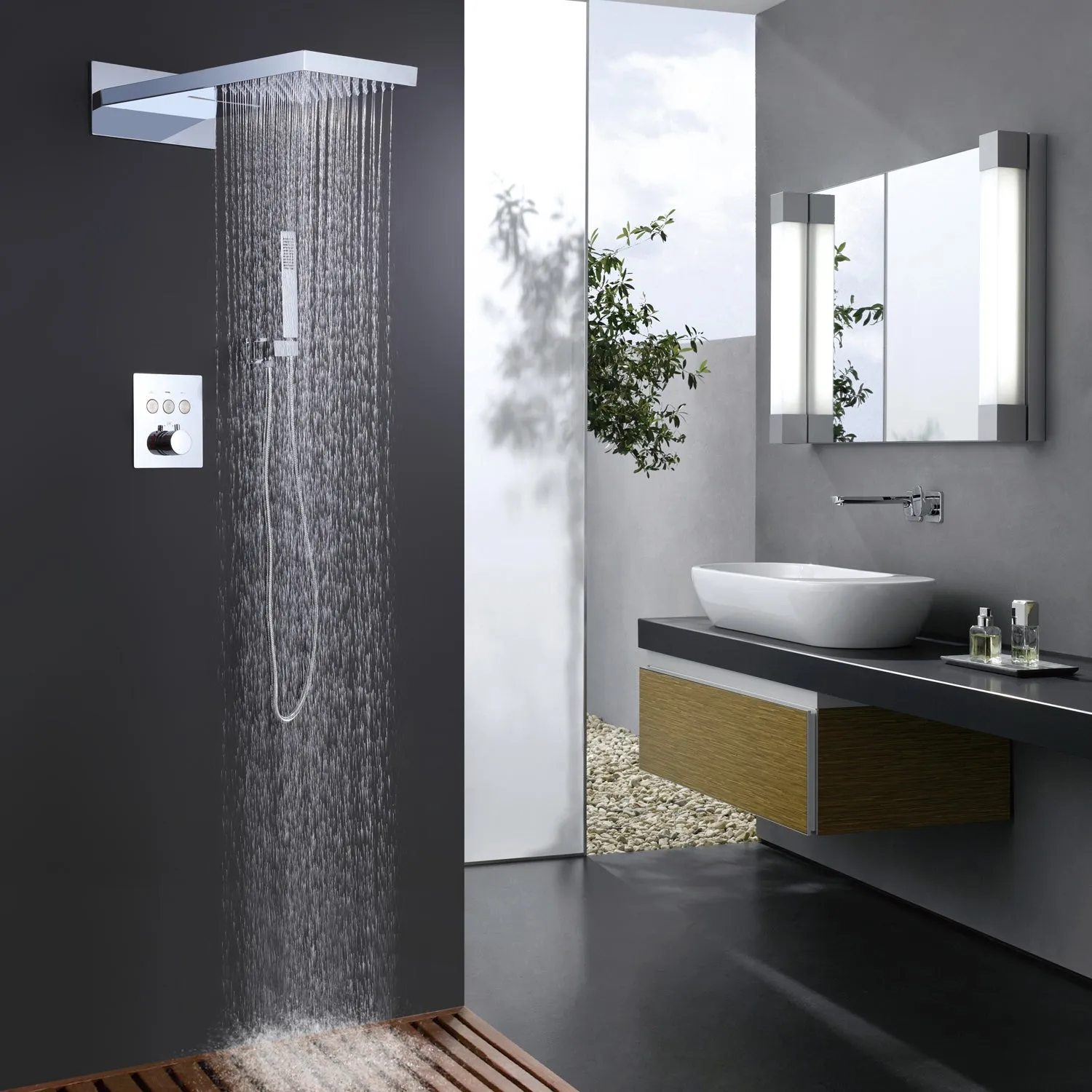 Wall Mount Thermostatic Shower System with 2-Function Shower Head Solid Brass