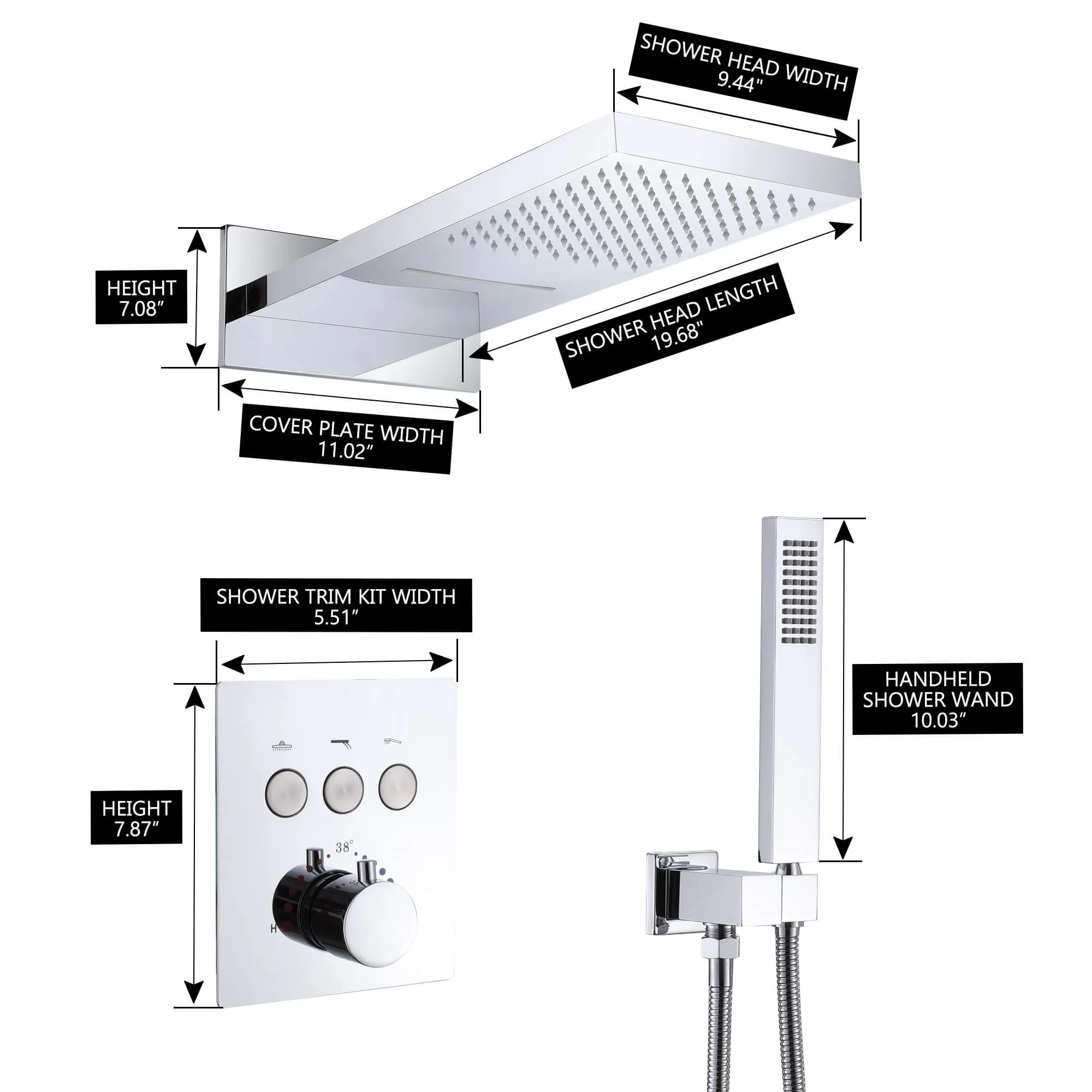 Wall Mount Thermostatic Shower System with 2-Function Shower Head Solid Brass