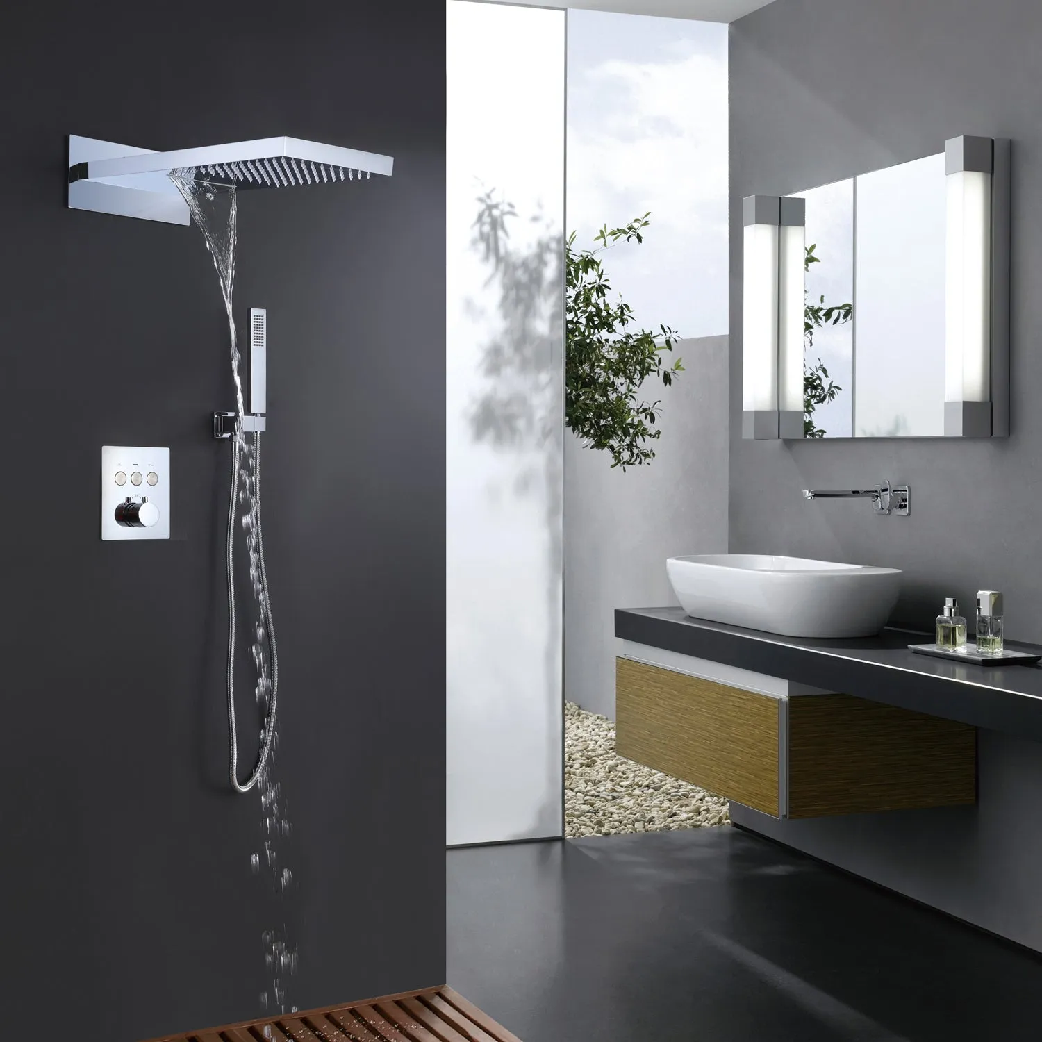 Wall Mount Thermostatic Shower System with 2-Function Shower Head Solid Brass