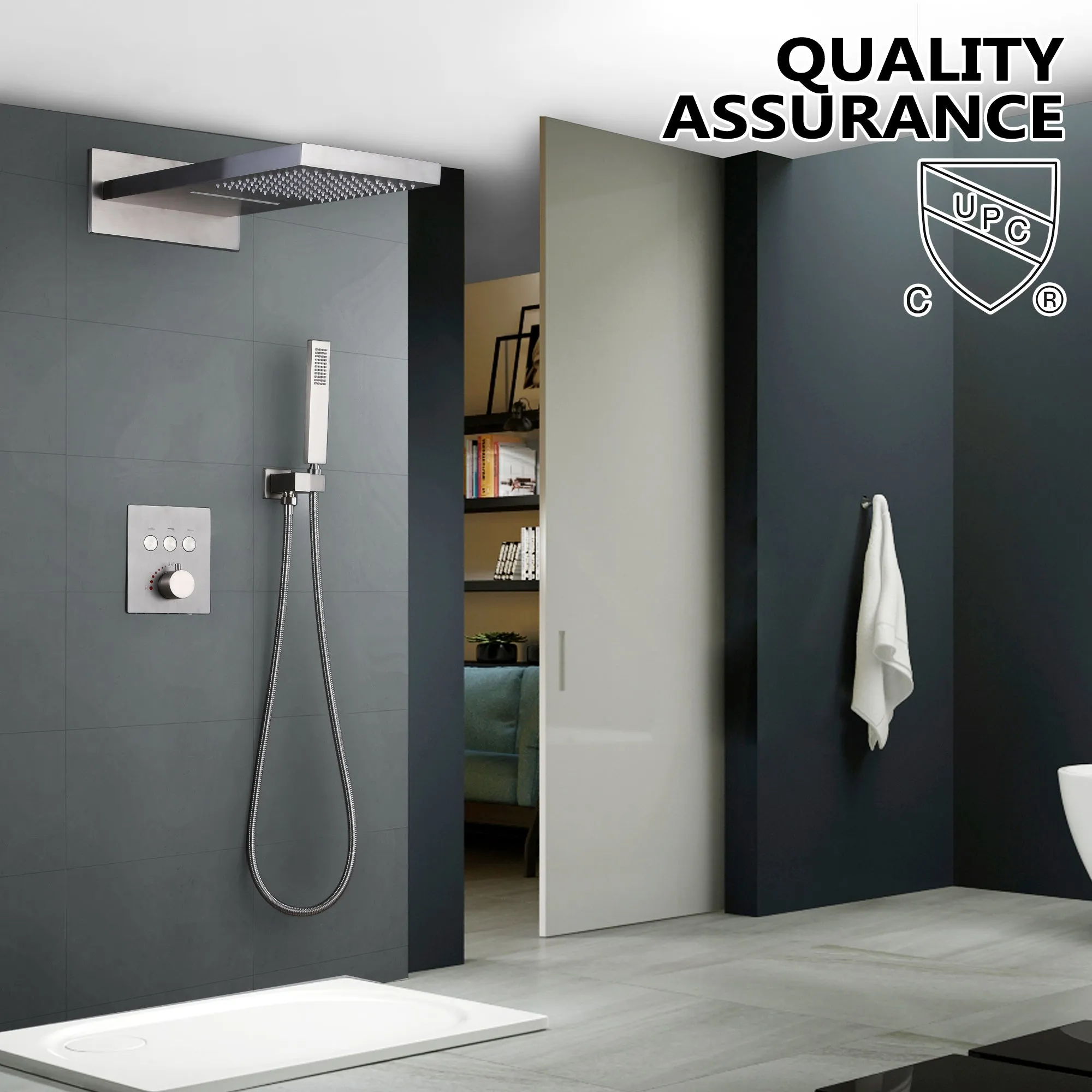 Wall Mount Thermostatic Shower System with 2-Function Shower Head Solid Brass