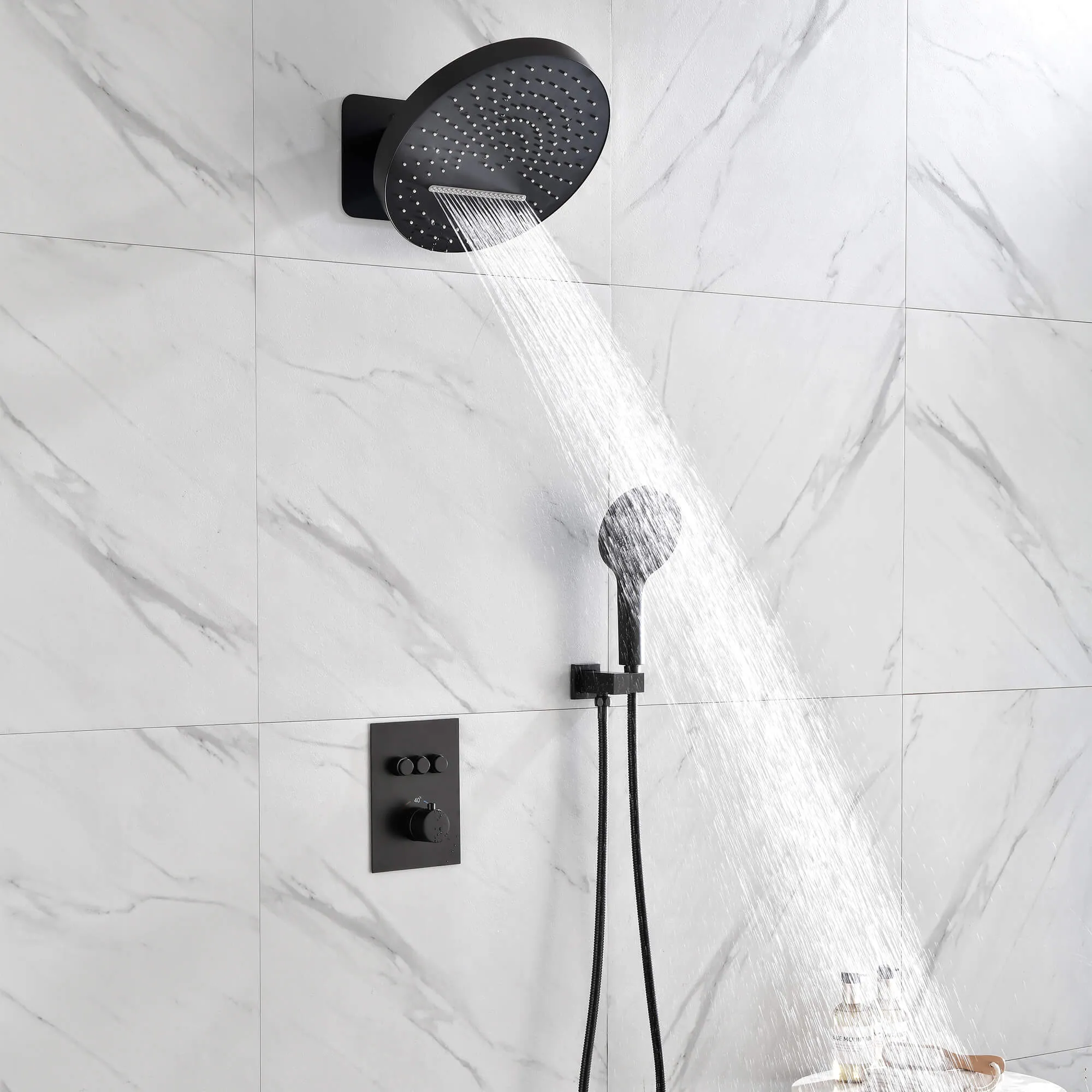 Wall Mount Thermostatic Shower System with Push Button Diverter and Luxury 12’’ Rain Shower Head JK0185