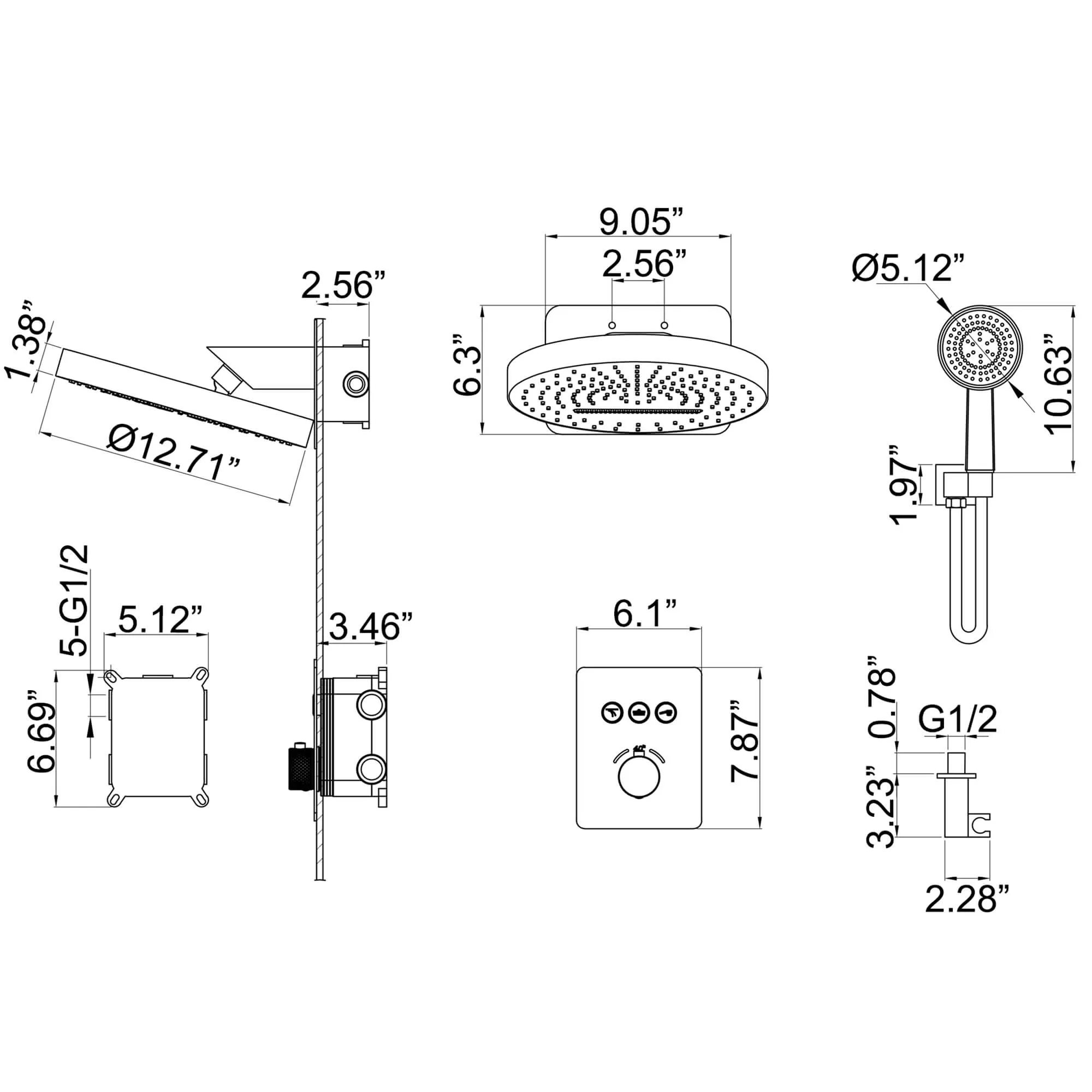 Wall Mount Thermostatic Shower System with Push Button Diverter and Luxury 12’’ Rain Shower Head JK0185