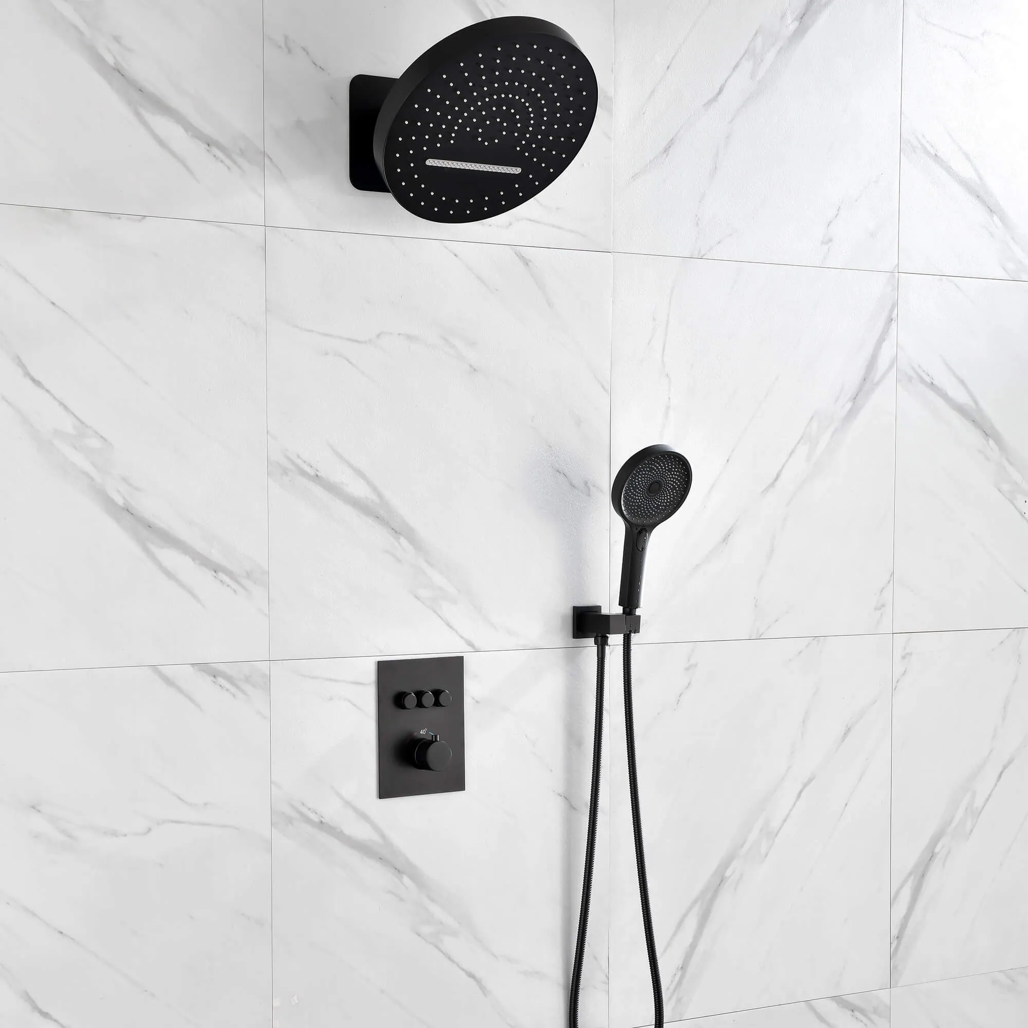 Wall Mount Thermostatic Shower System with Push Button Diverter and Luxury 12’’ Rain Shower Head JK0185