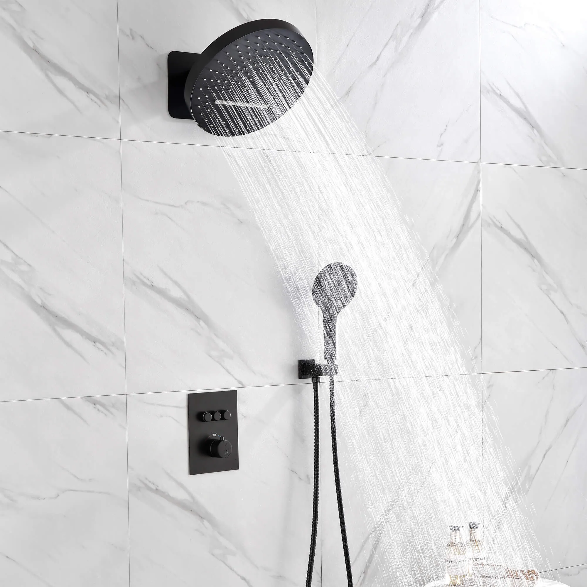Wall Mount Thermostatic Shower System with Push Button Diverter and Luxury 12’’ Rain Shower Head JK0185