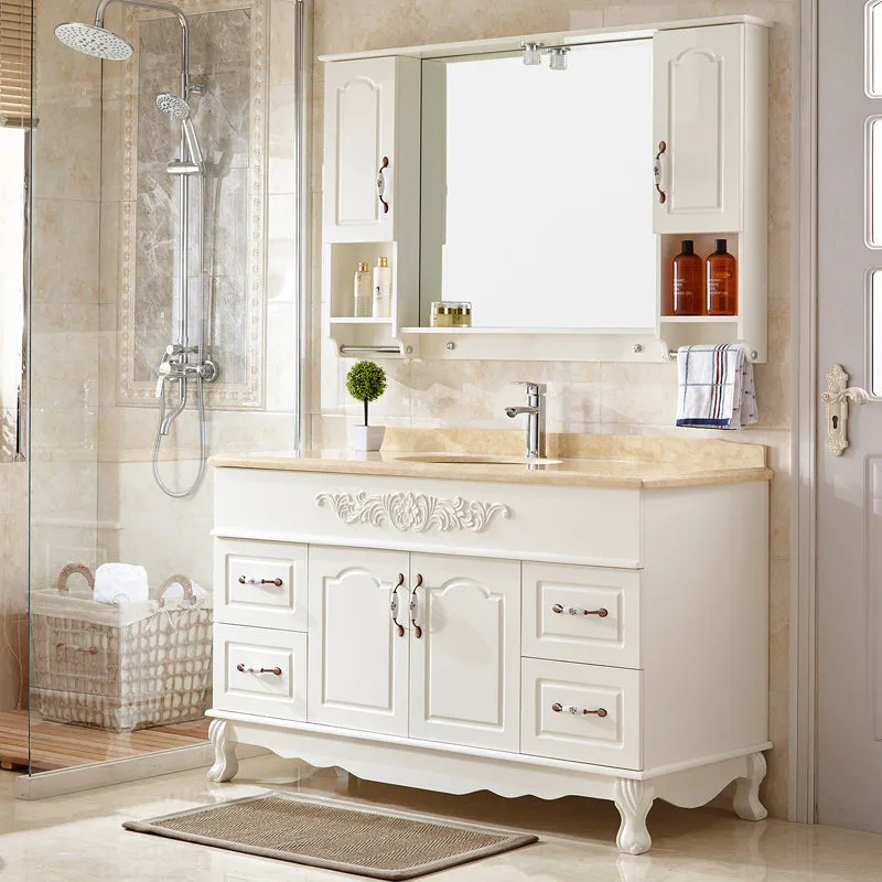 Wood Frame Bathroom Vanity White Freestanding Mirror Drawers Rectangle Vanity with 2 Doors