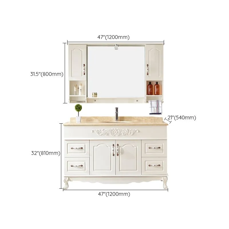 Wood Frame Bathroom Vanity White Freestanding Mirror Drawers Rectangle Vanity with 2 Doors