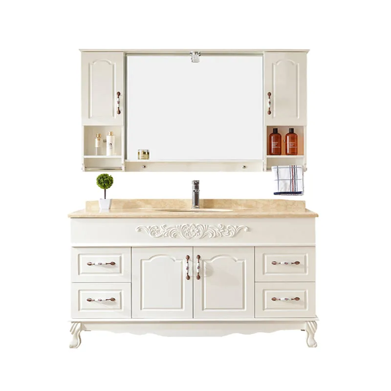 Wood Frame Bathroom Vanity White Freestanding Mirror Drawers Rectangle Vanity with 2 Doors