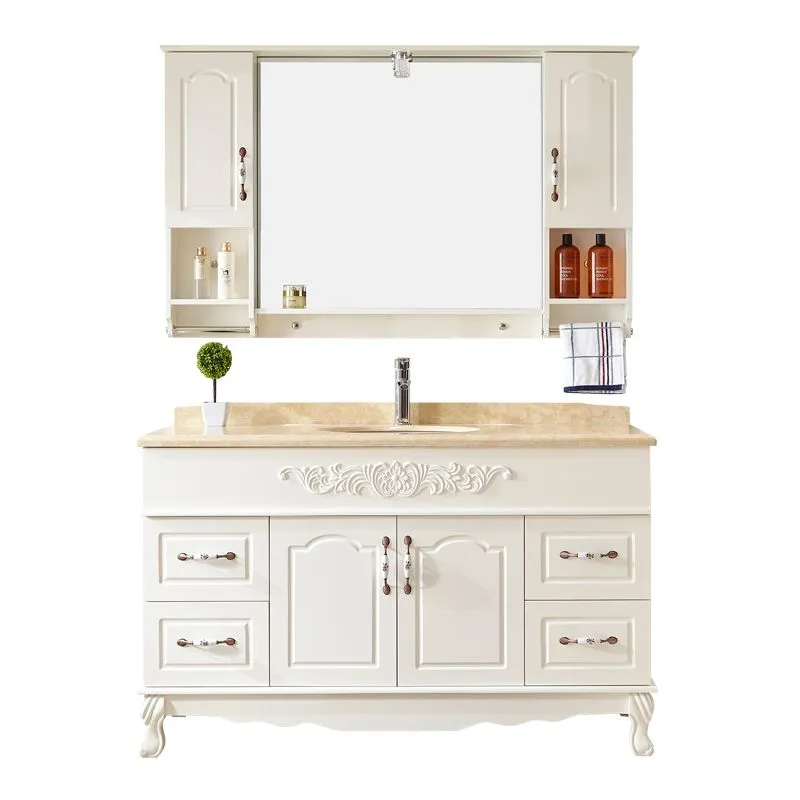 Wood Frame Bathroom Vanity White Freestanding Mirror Drawers Rectangle Vanity with 2 Doors