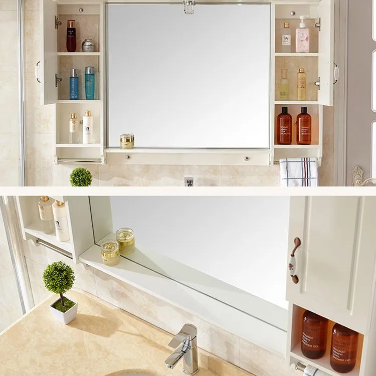 Wood Frame Bathroom Vanity White Freestanding Mirror Drawers Rectangle Vanity with 2 Doors