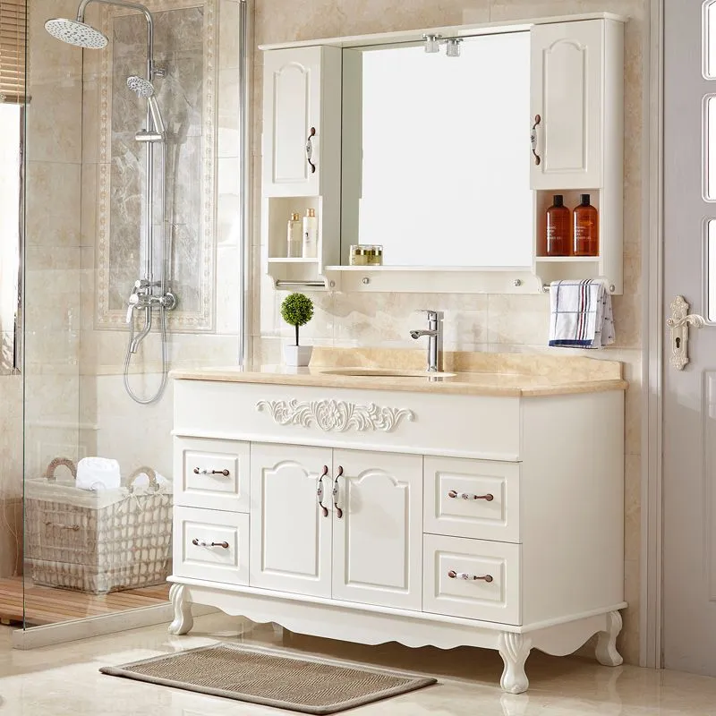 Wood Frame Bathroom Vanity White Freestanding Mirror Drawers Rectangle Vanity with 2 Doors