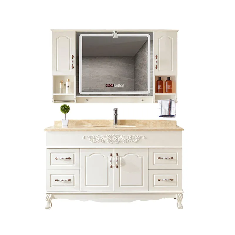 Wood Frame Bathroom Vanity White Freestanding Mirror Drawers Rectangle Vanity with 2 Doors
