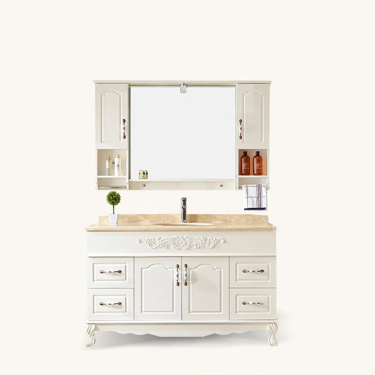 Wood Frame Bathroom Vanity White Freestanding Mirror Drawers Rectangle Vanity with 2 Doors