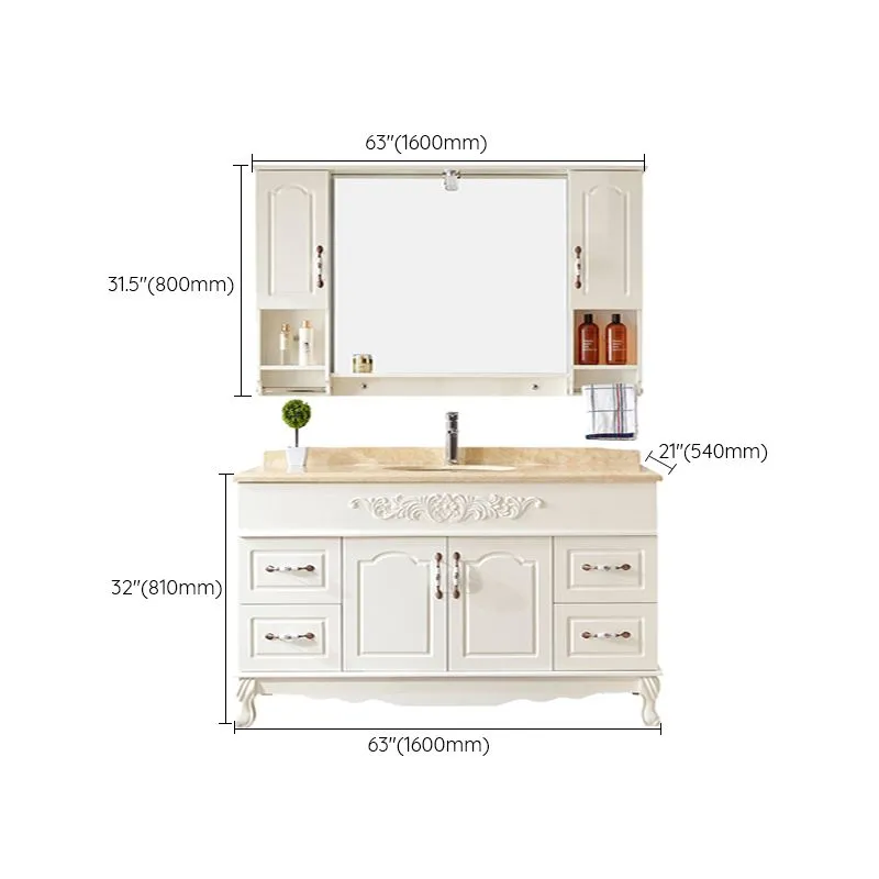 Wood Frame Bathroom Vanity White Freestanding Mirror Drawers Rectangle Vanity with 2 Doors