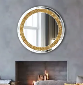 ZOLAPI Round Crystal Rhinestone Diamond Wall Mirror.Brilliant Hand-spliced Glass Mirror.Gold Accent Decorative Mirror for Hallway/Bathroom/Bedroom（20”x20”）